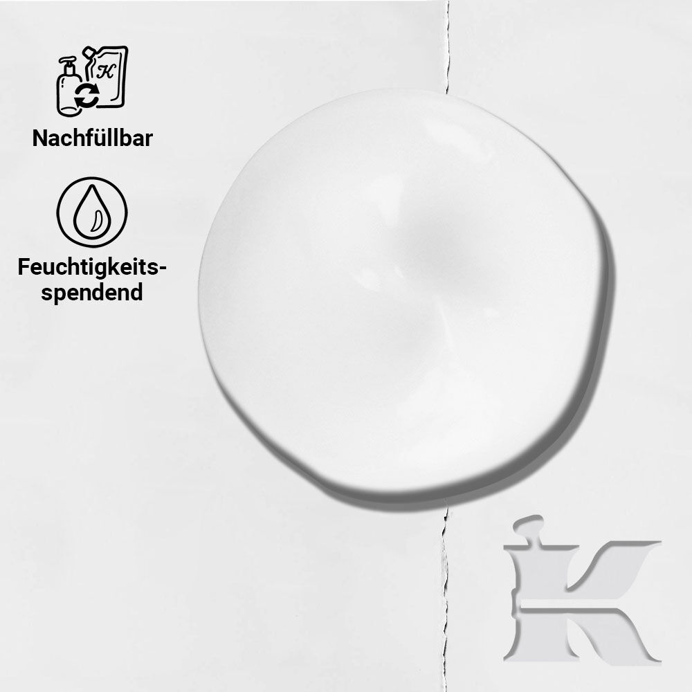 Aminosaure-Conditioner-Textur mit Symbolen, die zeigen, dass er nachfullbar ist und Feuchtigkeit bietet