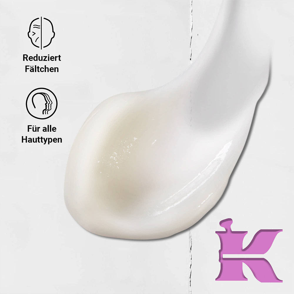 Texturfoto mit Symbolen: reduziert feine Linien und ist fur alle Hauttypen entwickelt