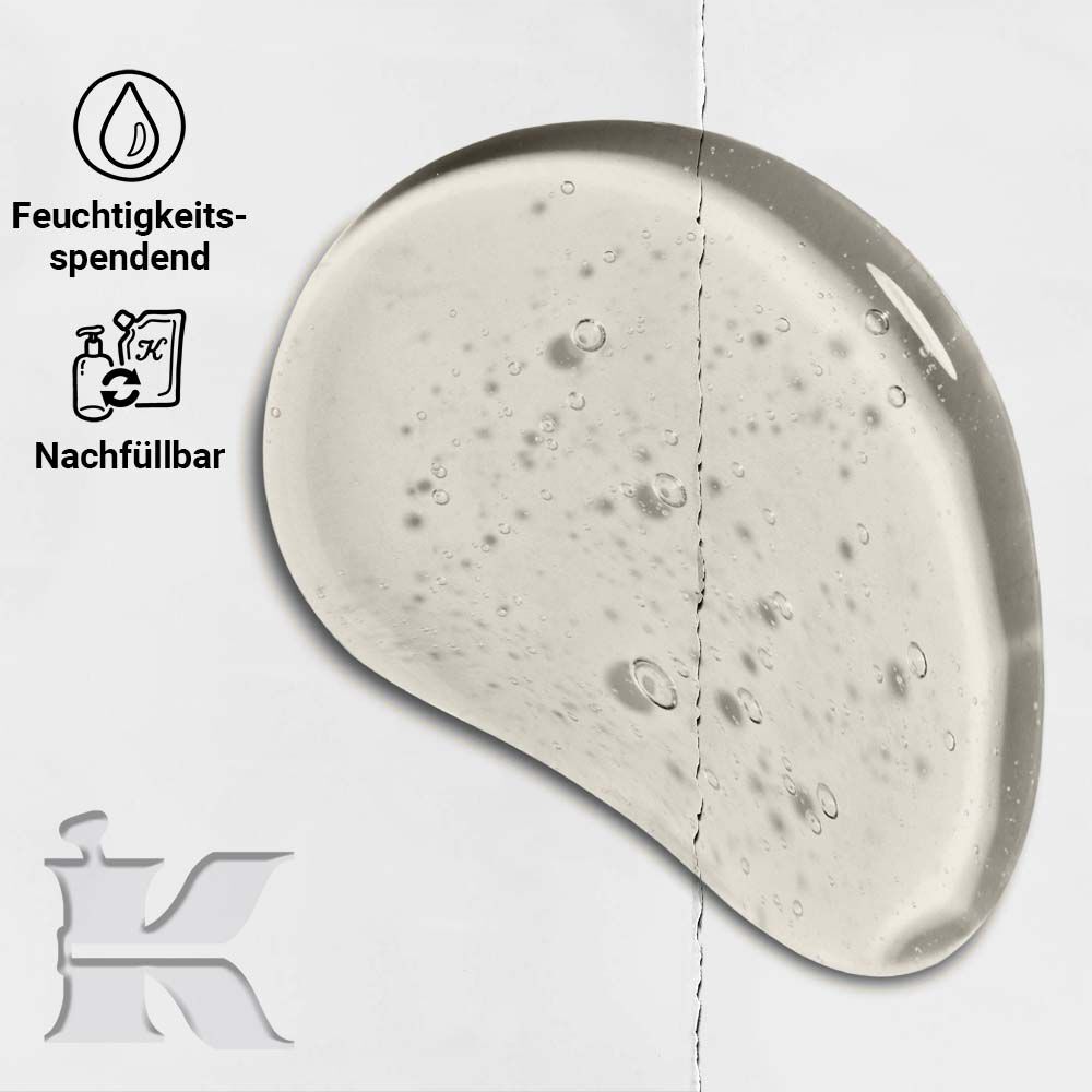 Foto der Textur des Amino Acid Shampoo mit Symbolen fur Nachfullbarkeit und Feuchtigkeit