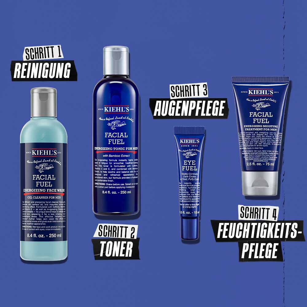 Routine-Illustration mit Facial Fuel – Reinigen, Tonisieren, Pflegen, Hydratisieren