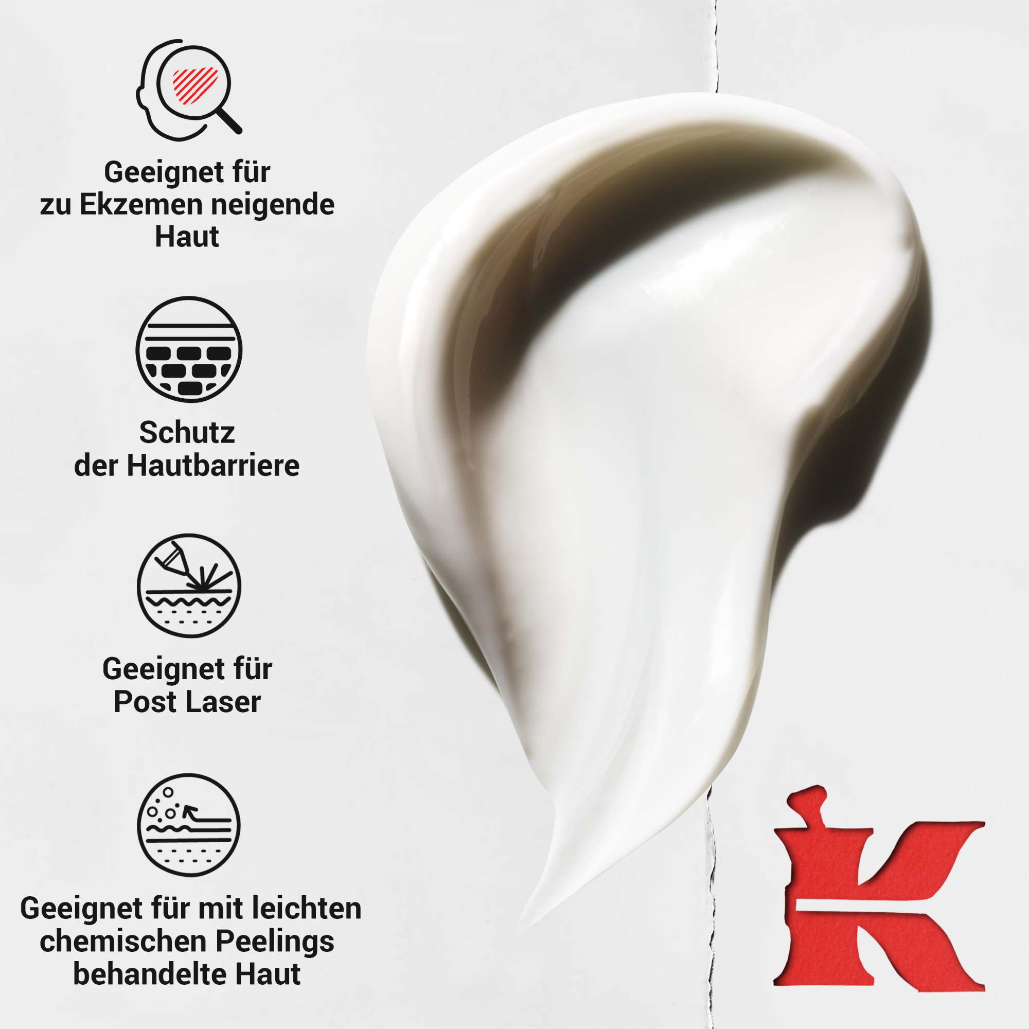 Dynamischer Wirbel aus reichhaltiger Creme; Symbole heben die Vorteile hervor: geeignet bei zu Ekzemen neigender Haut, Barriereschutz, nach Laserbehandlungen und nach leichten chemischen Peelings.