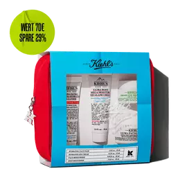 Kiehl's travel-sized skincare gift set in a red pouch, featuring multiple products visible through a blue-themed window.