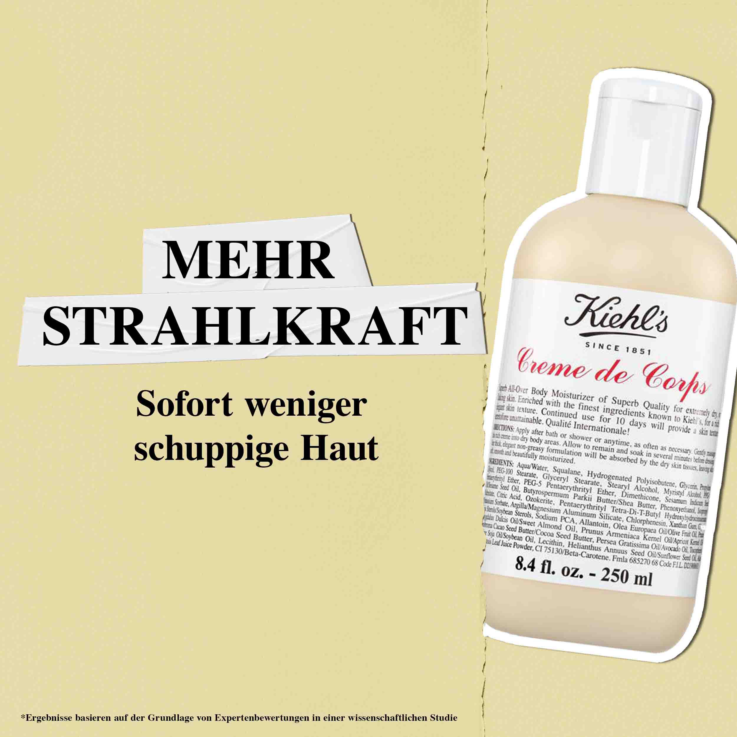 Routine-Illustration mit Creme de Corps Bodylotion – Reinigen, Peelen, Feuchtigkeit spenden, Beruhigen & Schutzen