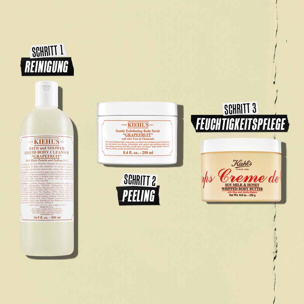 Routine-Illustration mit Creme de Corps Whipped Body Butter – Reinigen, Peelen, Feuchtigkeit spenden