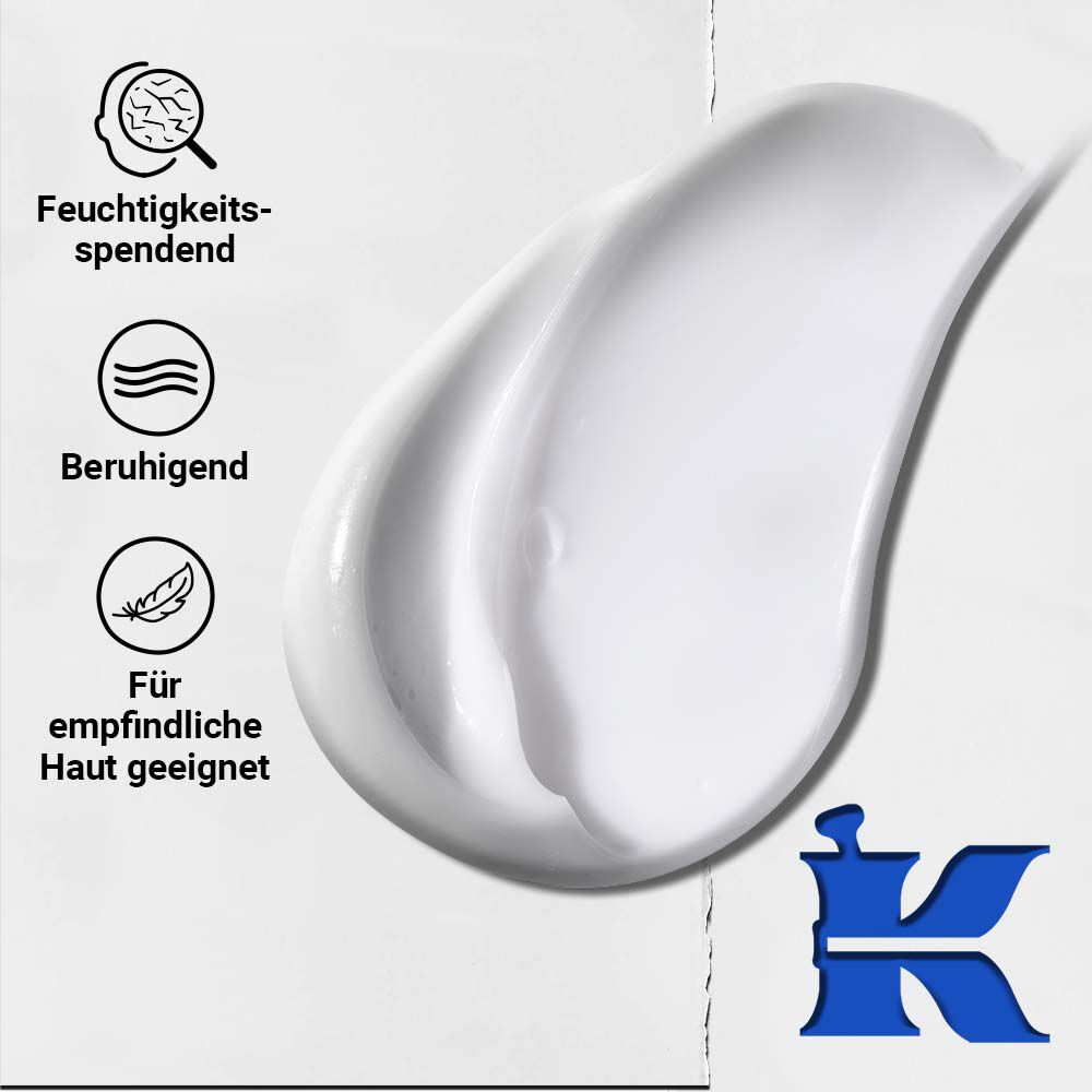 Texturfoto mit Symbolen: reduziert Trockenheit, wirkt beruhigend und ist fur empfindliche Haut entwickelt