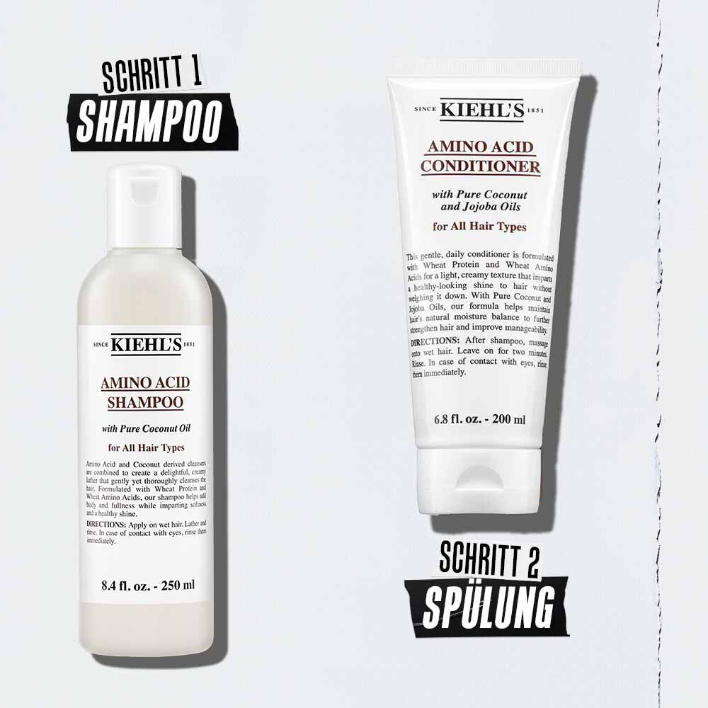 Kiehl's Aminosaure-Haarpflegeroutine Illustration mit Flaschen – Schritt 1 Reinigung Schritt 2 Zustand