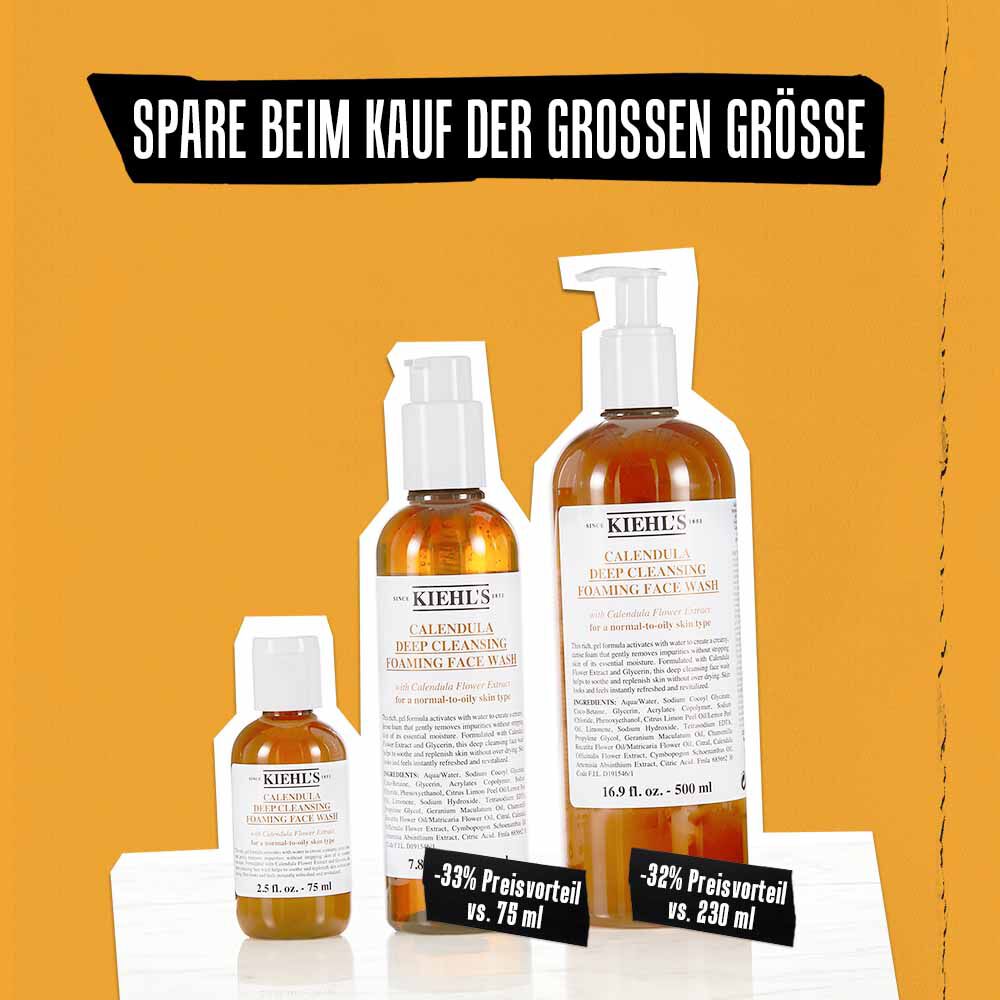 Model mit dem Kiehl's Calendula Deep Cleaning Foaming Face Wash, das uber das Gesicht lauft