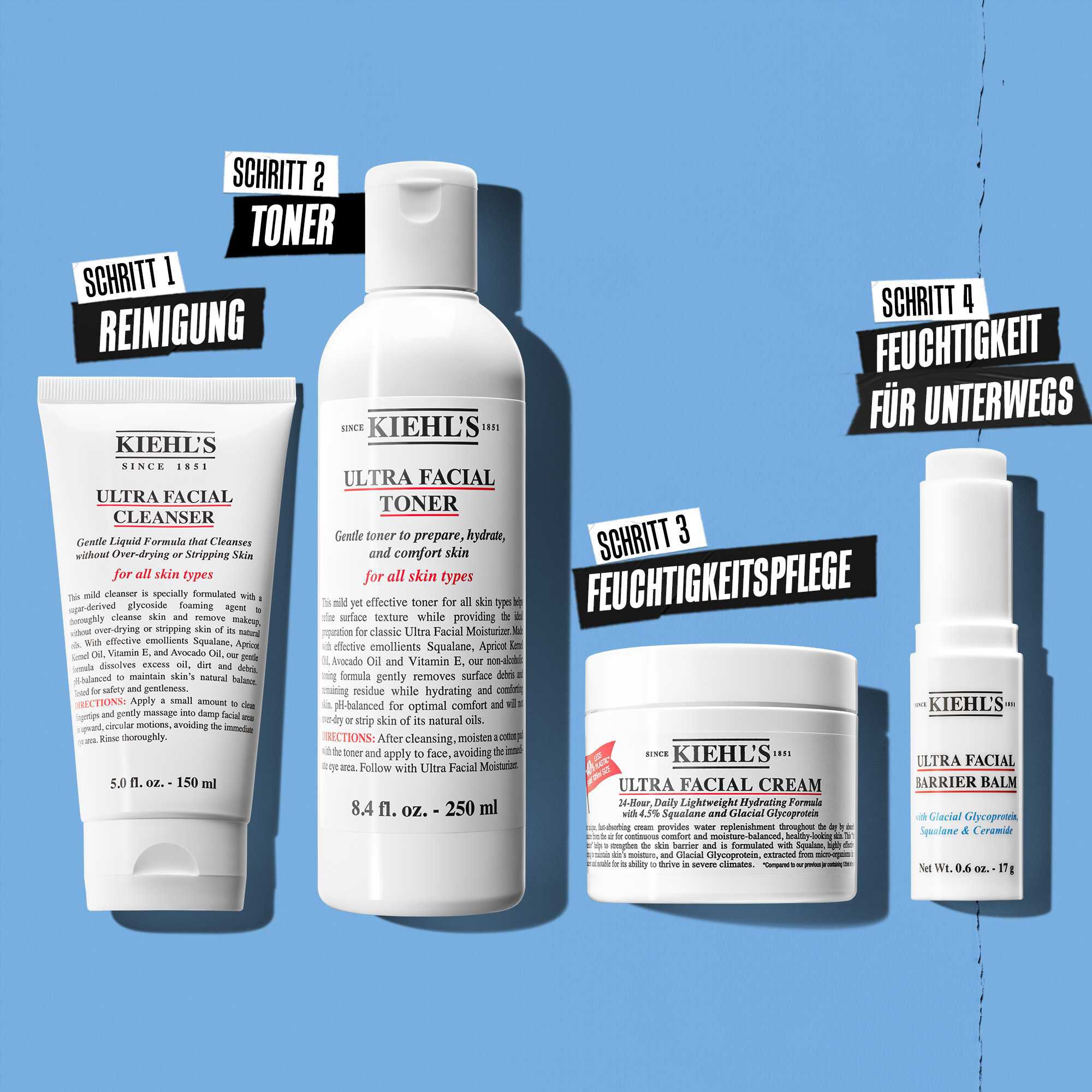 Routine-Illustration mit Ultra Facial Cream – Reinigen, Tonisieren, Hydratisieren, Feuchtigkeit fur unterwegs