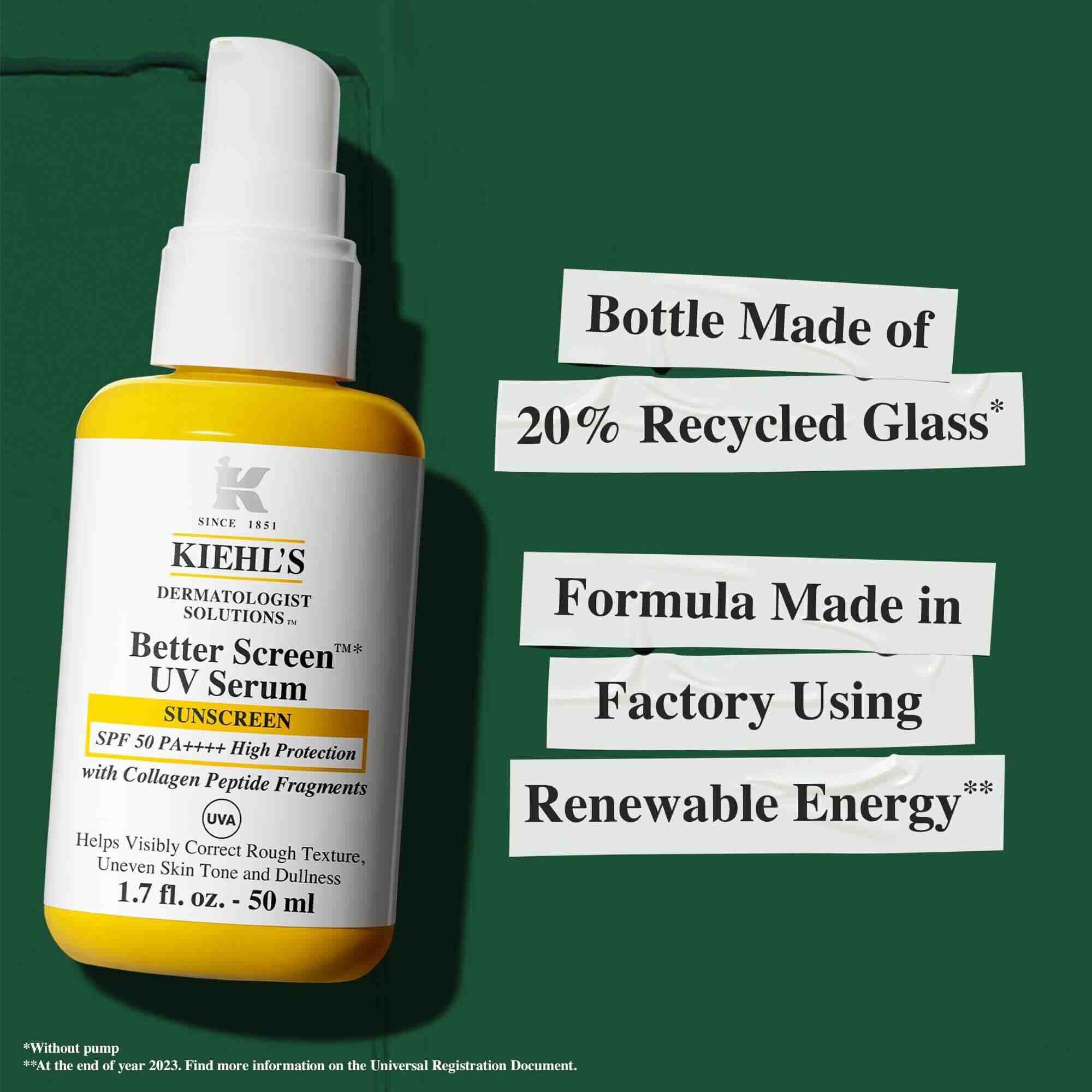 Kiehl's Better Screen UV Serum, LSF 50, in einer Flasche aus 20 % recyceltem Glas, nachhaltig produziert mit erneuerbarer Energie