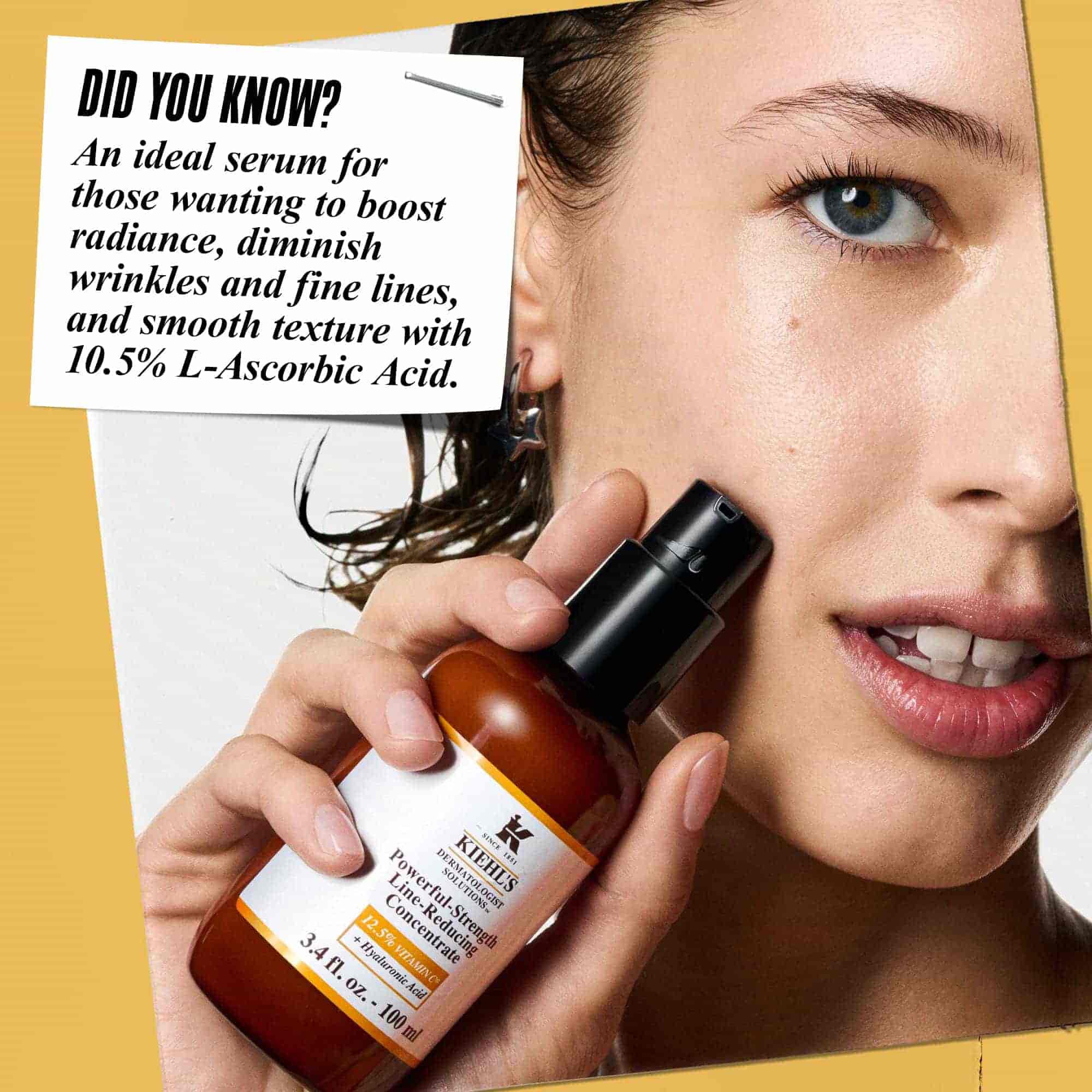 Eine Person tragt Powerful-Strength Line-Reducing Concentrate auf ihr Gesicht auf. Der Text lautet: „Wussten Sie schon? Perfekt fur ungleichmaßigen Hautton, ist dieses hochwirksame Serum mit 12,5 % fragmentiertem Vitamin C und Hyaluronsaure formuliert.“