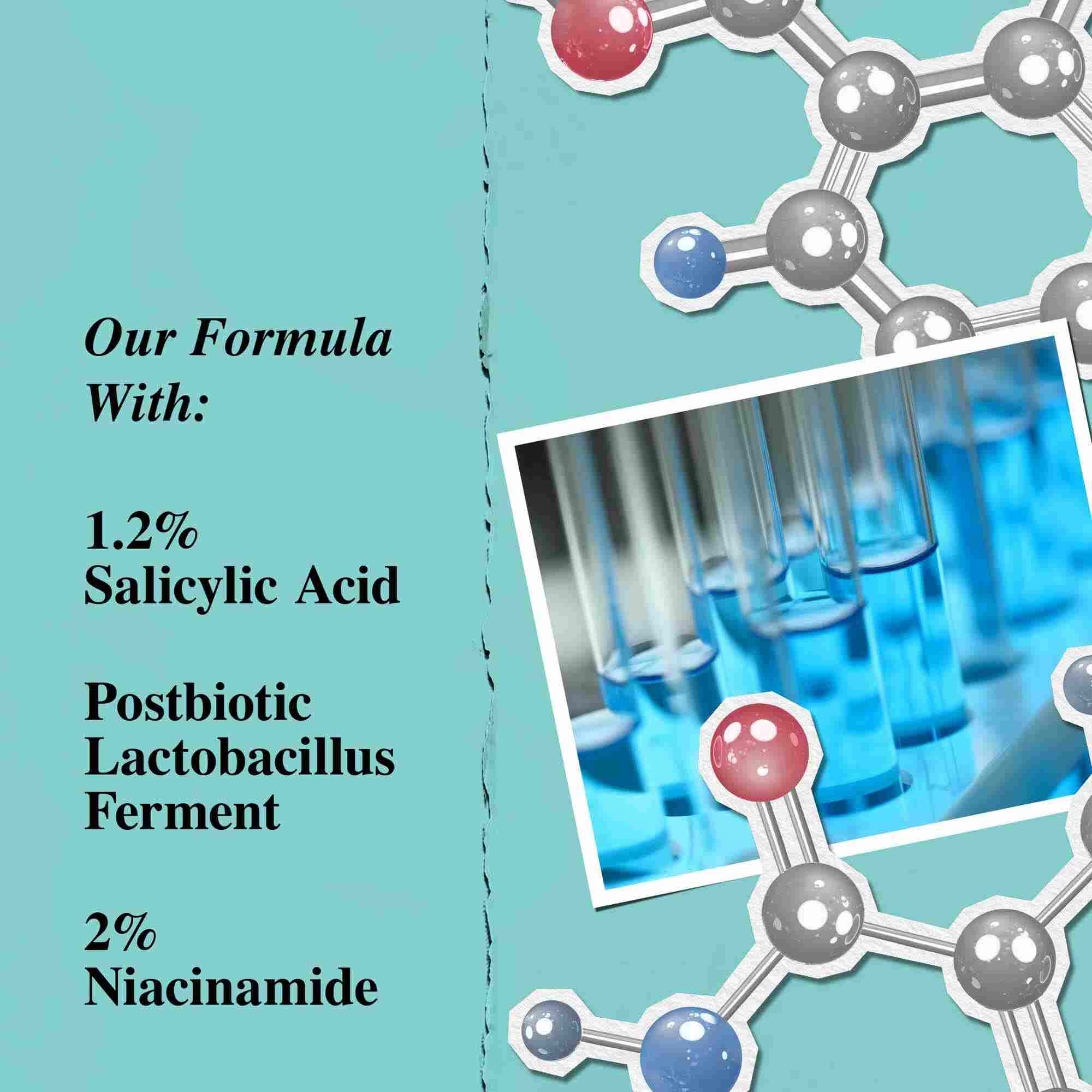 Eine Grafik, die die Hauptinhaltsstoffe der Expertly Clear Blemish-Treating & Preventing Lotion hervorhebt, einschließlich Salicylsaure, postbiotischem Lactobacillus-Ferment und Niacinamid.