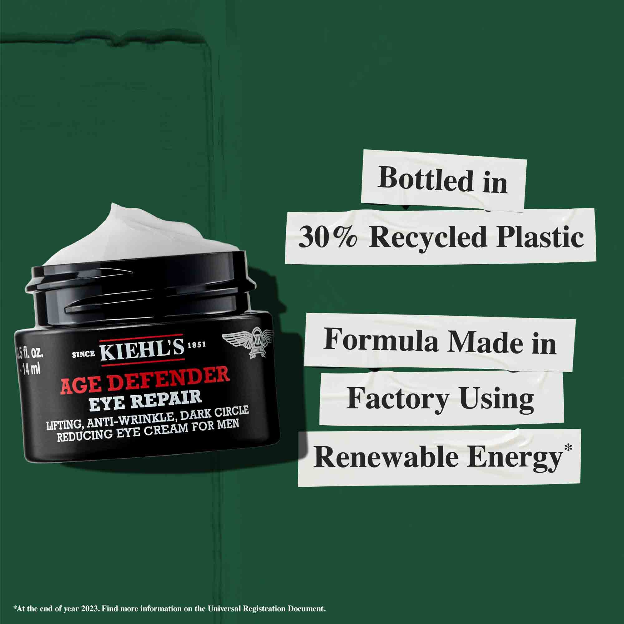 Age Defender Eye Repair Tiegel aus 30 % recyceltem Kunststoff; Formel hergestellt in einem Werk mit erneuerbarer Energie.