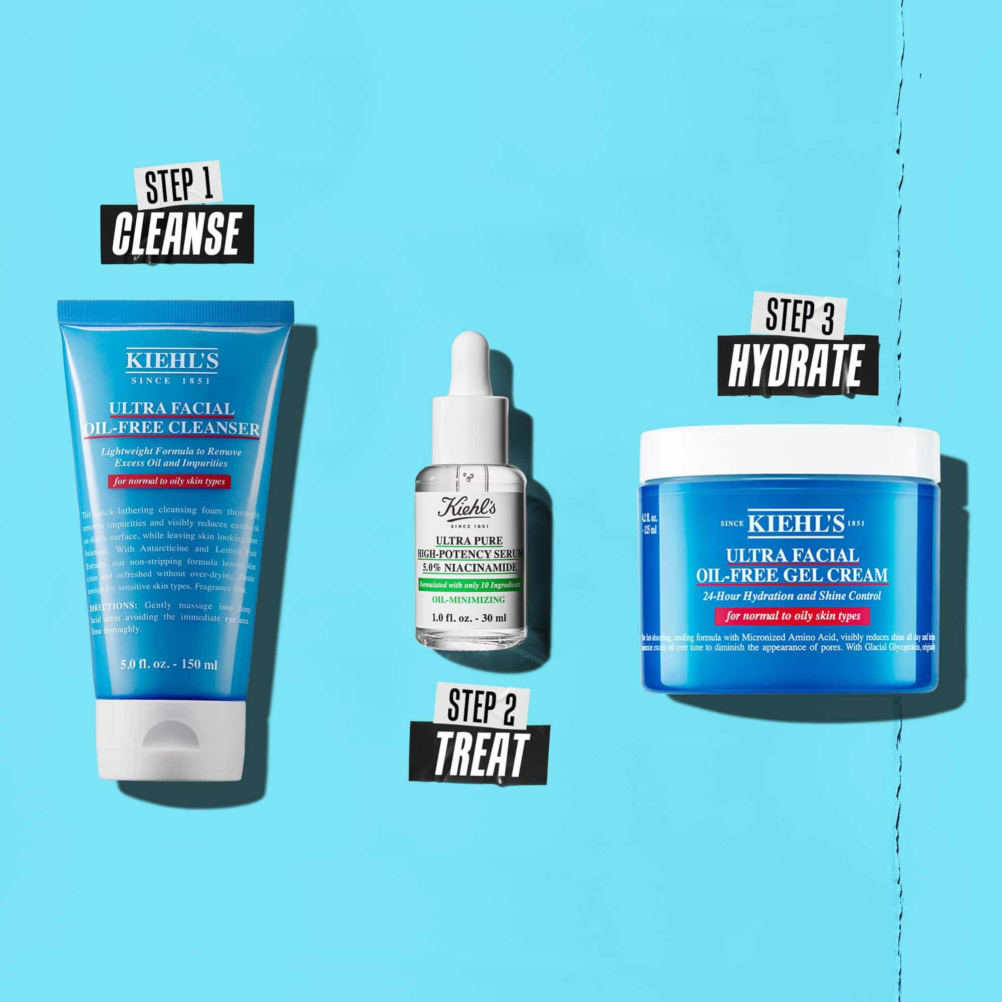 Eine dreistufige Routine mit Kiehl's Produkten. Schritt 1: Ultra Facial Oil-Free Cleanser. Schritt 2: Niacinamid-Serum. Schritt 3: Ultra Facial Oil-Free Gel Cream.