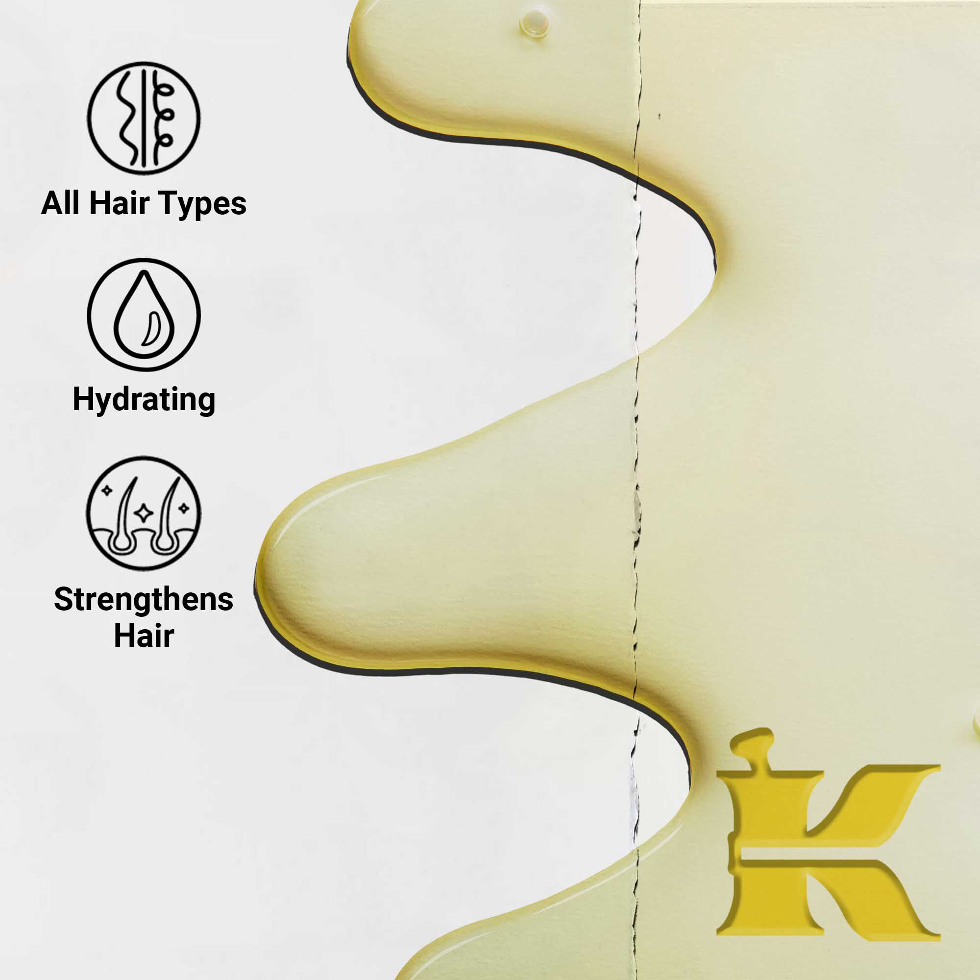 Nahaufnahme der Textur von Magic Elixir Hair Oil. Der Text hebt hervor, dass es feuchtigkeitsspendend, leicht und zur Verbesserung der Haarstruktur fur alle Haartypen entwickelt wurde.