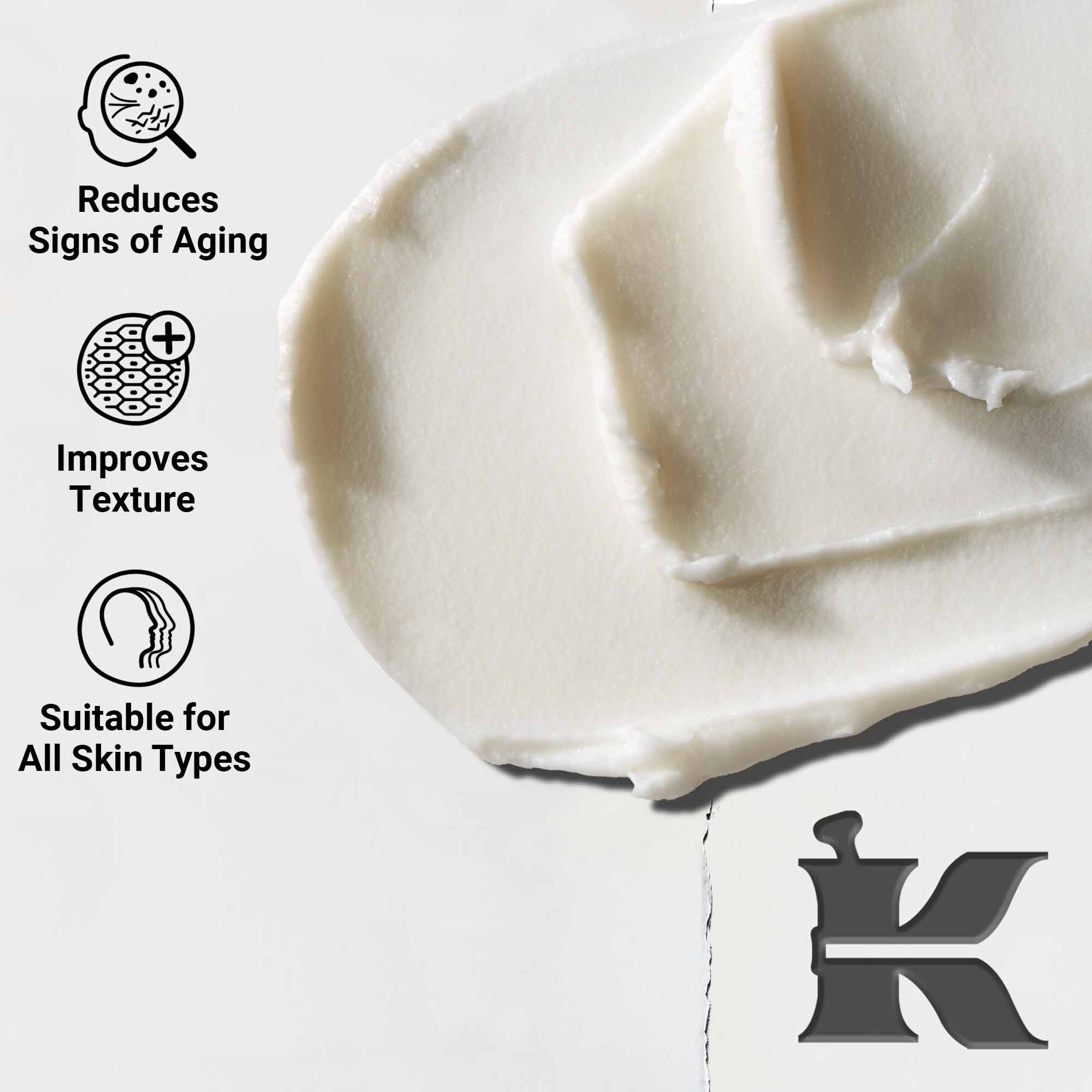 Nahaufnahme der Textur des Age Defender Eye Repair; reduziert Anzeichen von Hautalterung und verbessert die Textur, fur alle Hauttypen geeignet.