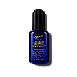 Eine 30-ml-Flasche Kiehl's Midnight Recovery Concentrate Gesichtsol vor weißem Hintergrund.