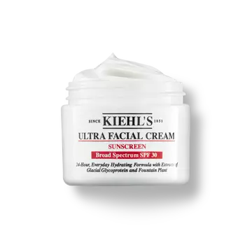 Ein 125-ml-Tiegel Kiehl's Ultra Facial Cream SPF 30 mit aufgeschlagener Textur vor weißem Hintergrund.