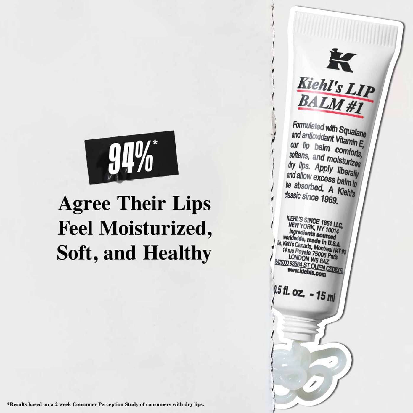 Eine Tube Lip Balm #1 vor weißem Hintergrund mit dem Text: „94 % stimmen zu, dass sich ihre Lippen mit Feuchtigkeit versorgt, weich und gesund anfuhlen.“