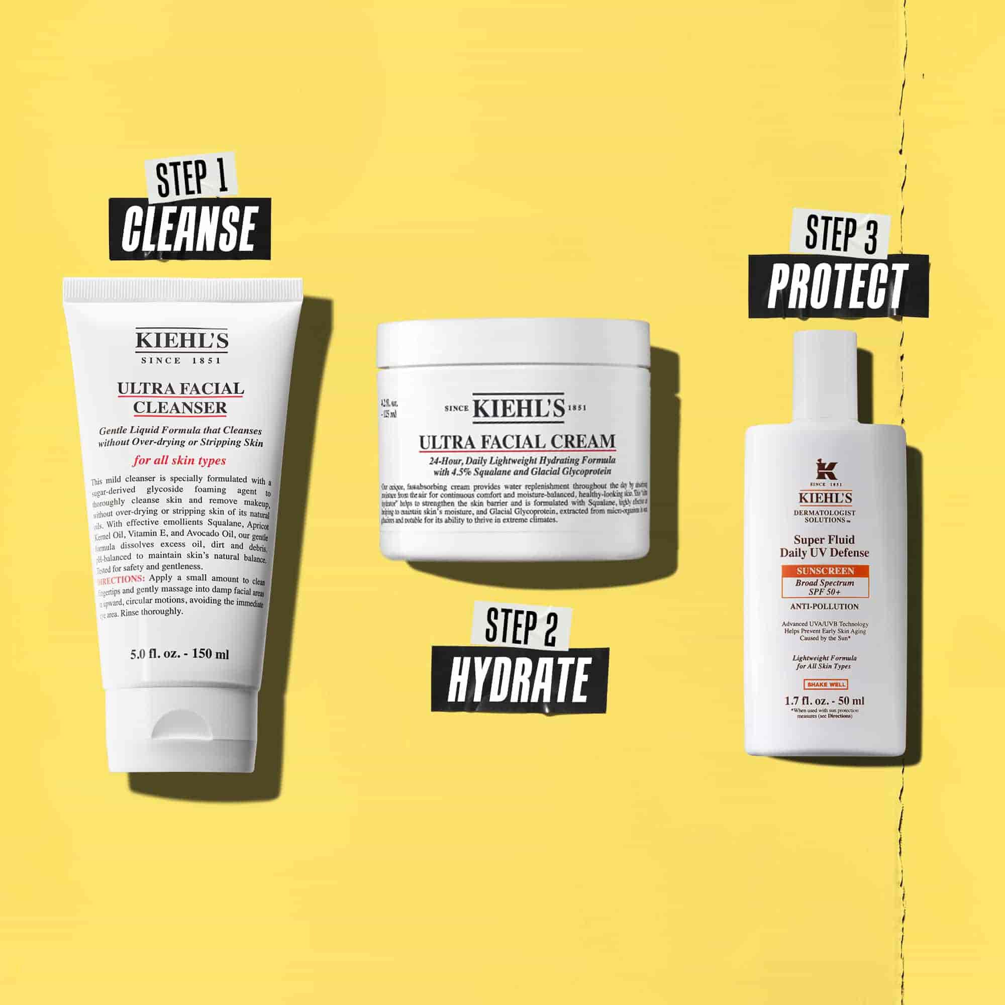 Drei Kiehl's Produkte, die eine Routine darstellen. Von links nach rechts: Reinigung, Feuchtigkeitscreme und Sonnenschutz.