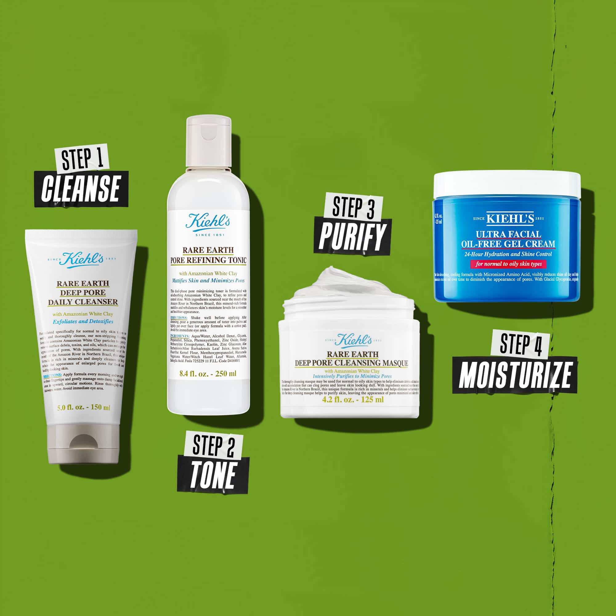 Vier Kiehl's Produkte, die eine Hautpflegeroutine darstellen. Von links nach rechts: Rare Earth Deep Pore Cleanser, Rare Earth Pore Minimizing Lotion, Rare Earth Pore Cleansing Masque und Ultra Facial Oil-Free Gel Cream.
