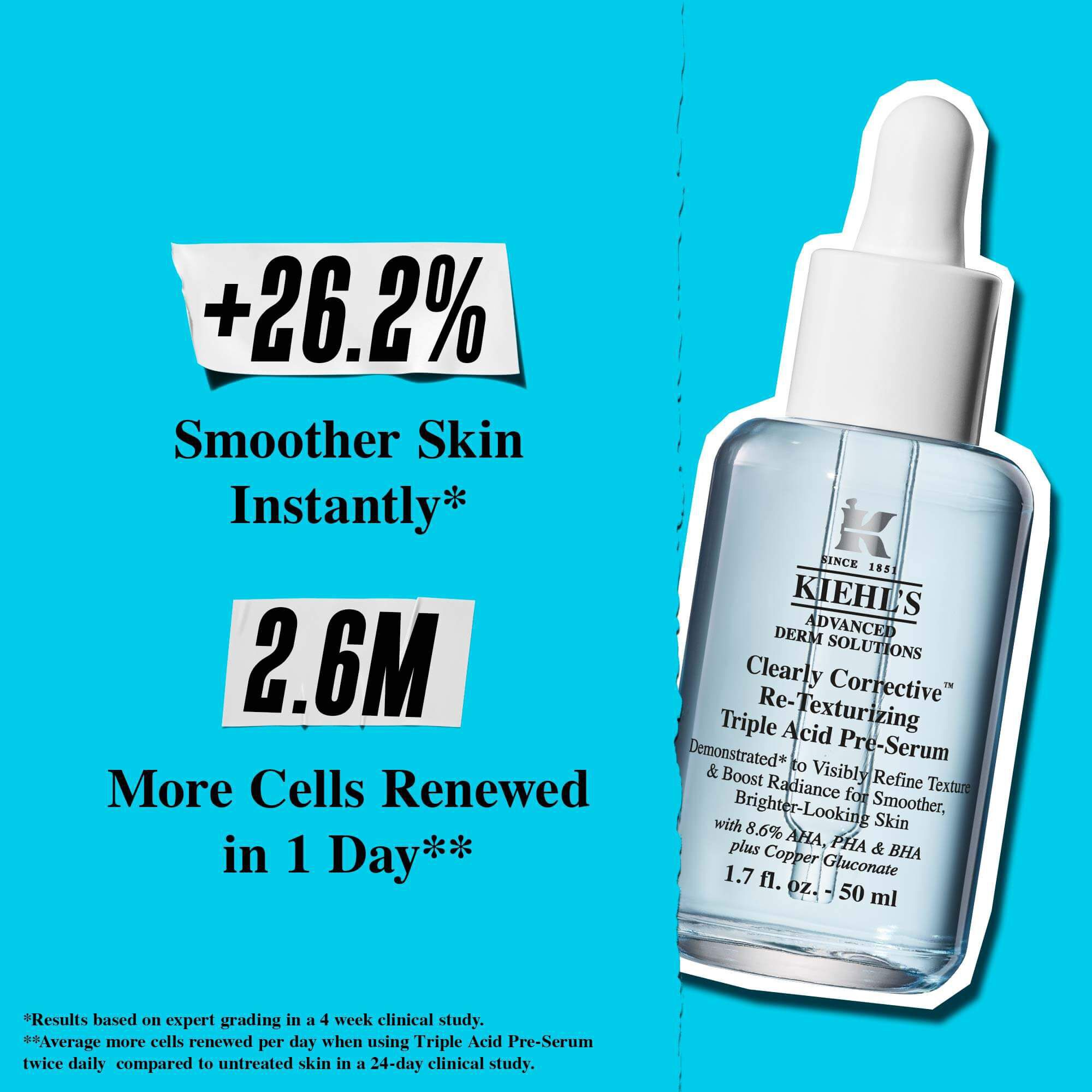 Eine Flasche Clearly Corrective Triple Acid Peel vor blauem Hintergrund mit dem Text: „+41 % glattere Textur.“