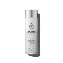 A graphic featuring a frosted bottle of Kiehl's Daily Refining Milk-Peel Toner with a silver cap and a label with black text. 