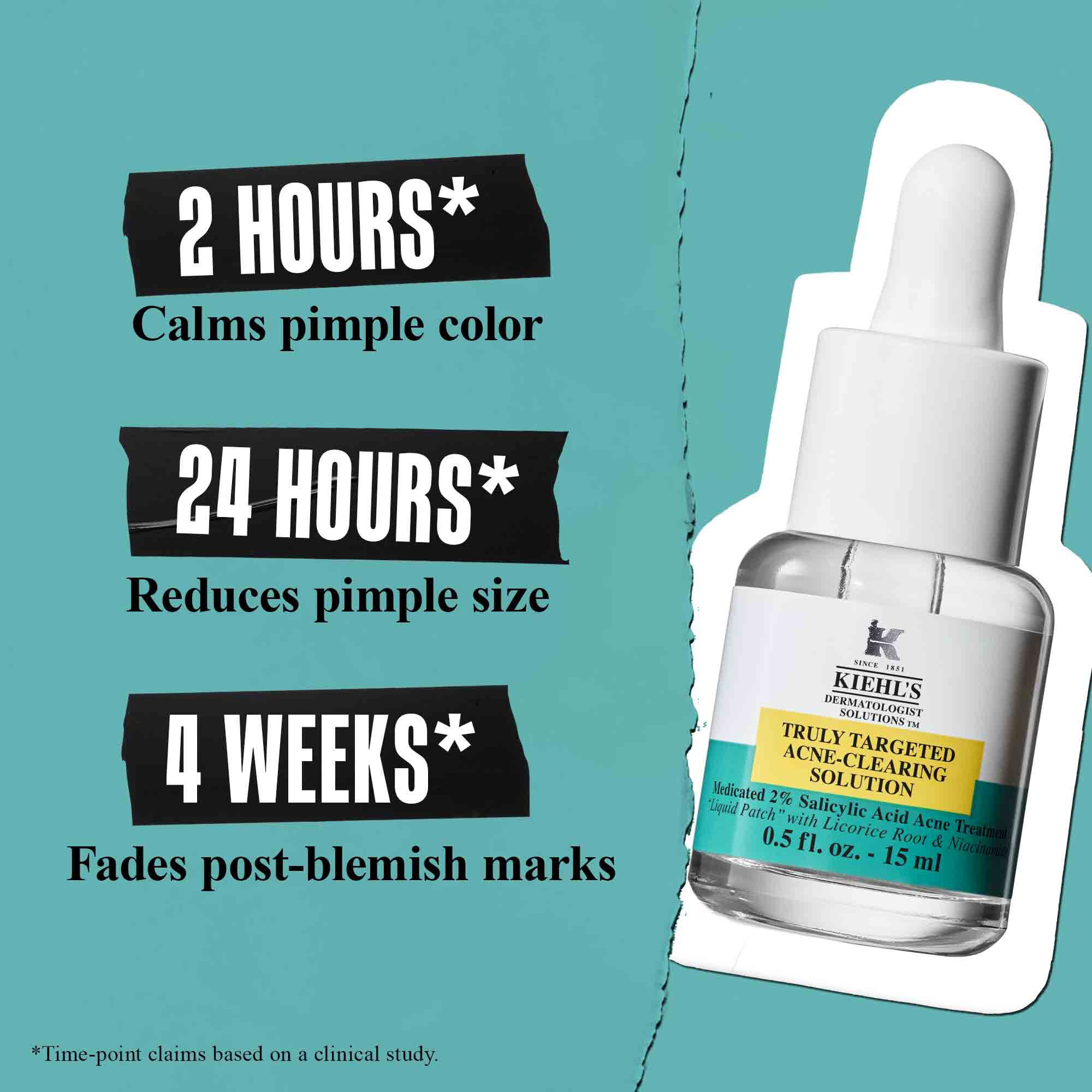 Eine Flasche Truly-Targeted Blemish-Clearing Solution vor grunem Hintergrund mit dem Text: "2 Stunden* Beruhigt die Farbe des Pickels", "24 Stunden* Reduziert die Große des Pickels" und "4 Wochen* Lasst Pickelmale verblassen".