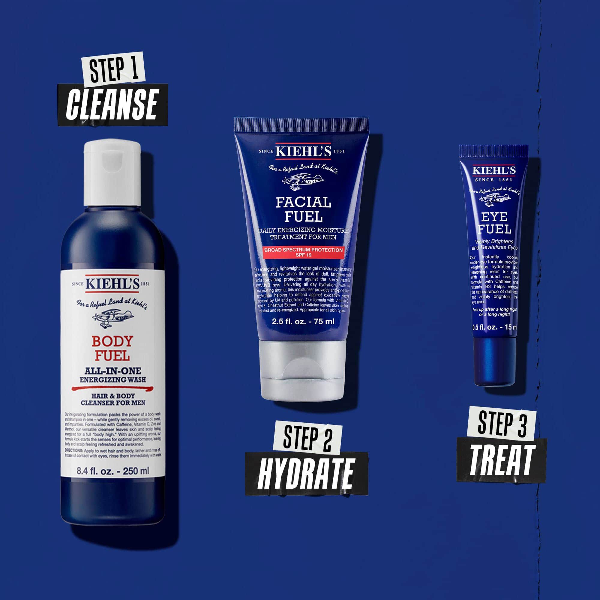 Drei-Schritte Body Fuel Routine: Schritt 1: Waschen. Schritt 2: Pflegen mit Facial Fuel Treatment. Schritt 3: Facial Fuel Eye Fuel Augencreme.