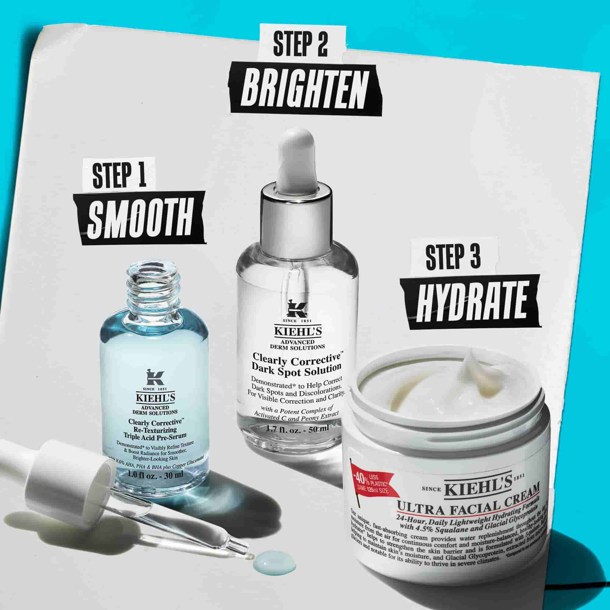 Zwei Kiehl's Produkte auf einer weißen Oberflache mit blauem Hintergrund: Clearly Corrective Triple Acid Peel und Retinol Skin-Renewing Daily Micro-Dose Serum.