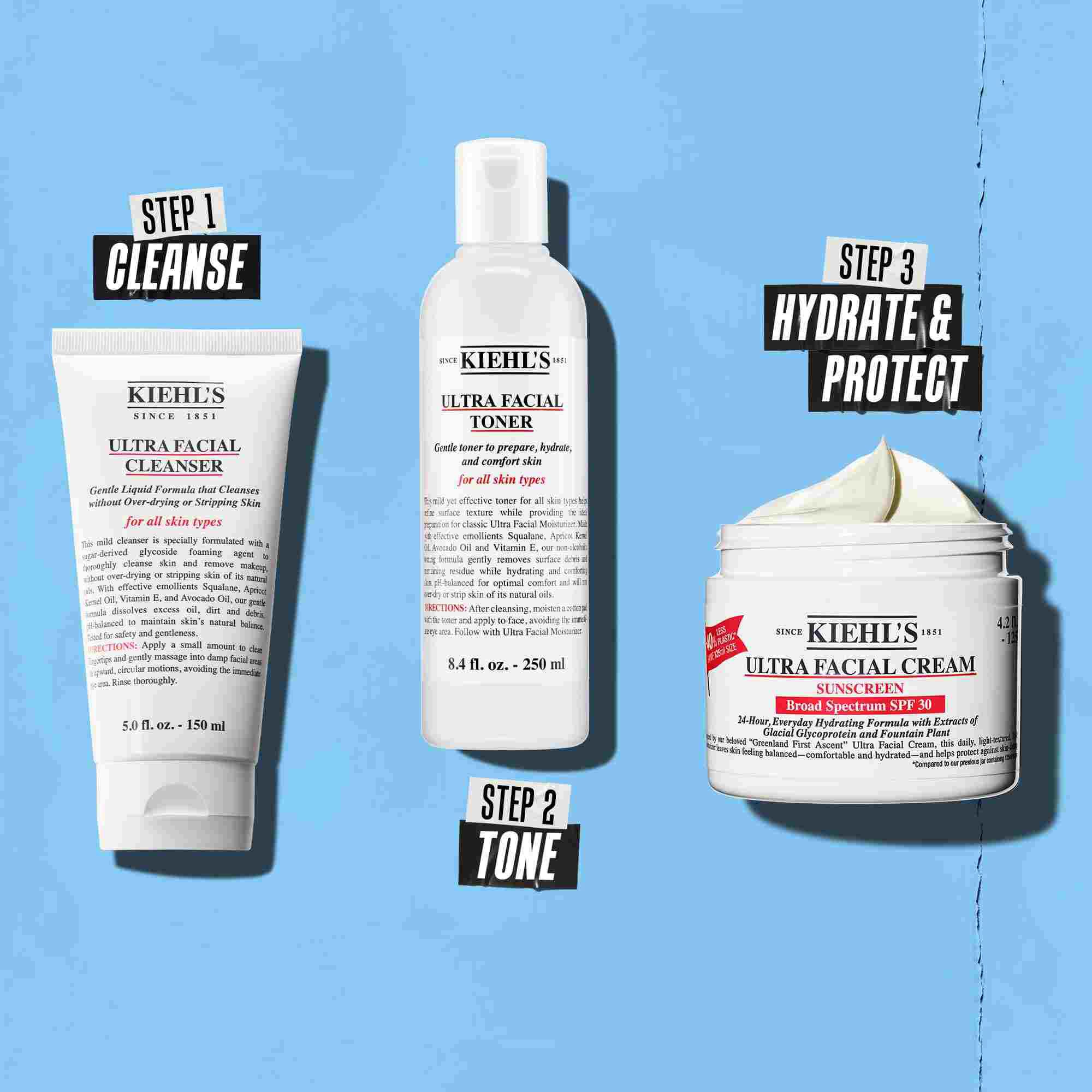 Eine dreistufige Routine mit Kiehl's Produkten. Schritt 1: Ultra Facial Cleanser. Schritt 2: Ultra Facial Toner. Schritt 3: Ultra Facial Cream SPF 30.