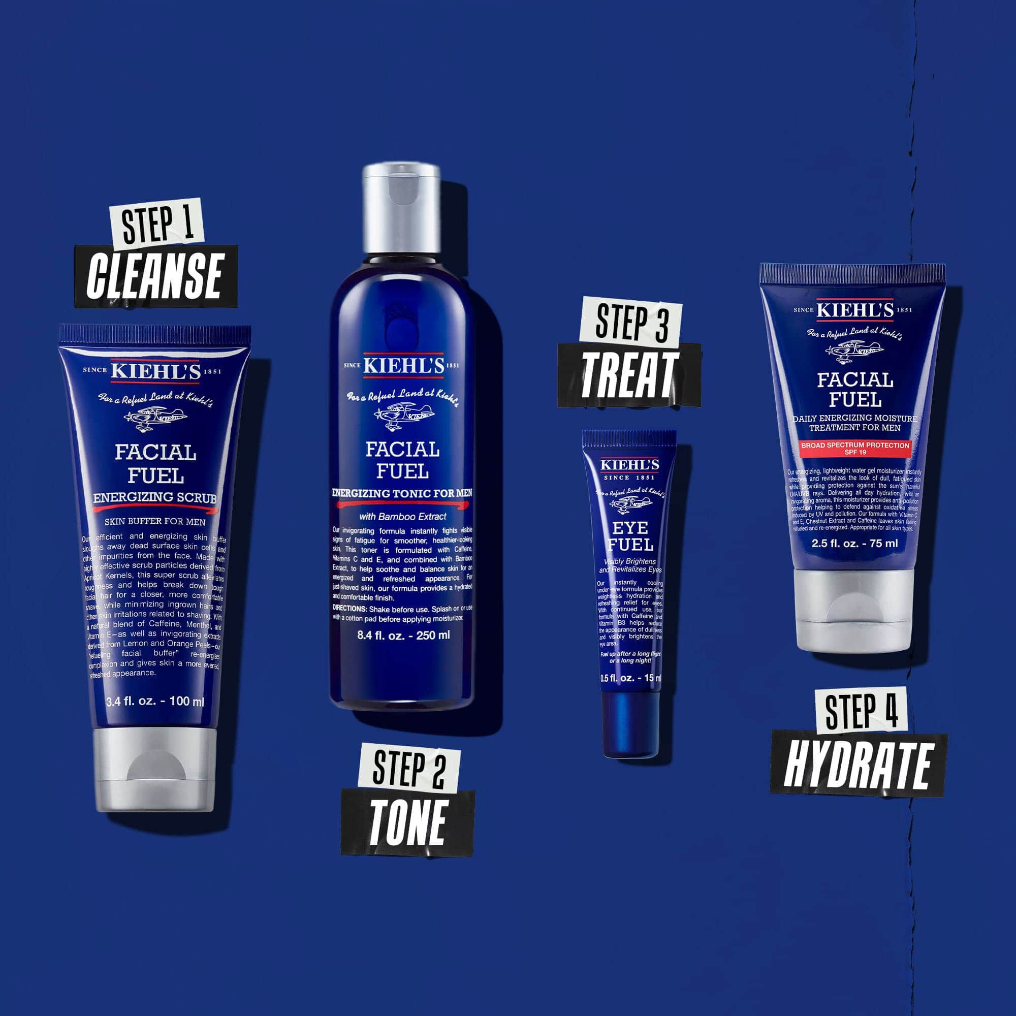 Routine mit vier Produkten zum Reinigen, Tonisieren, Behandeln und Pflegen.