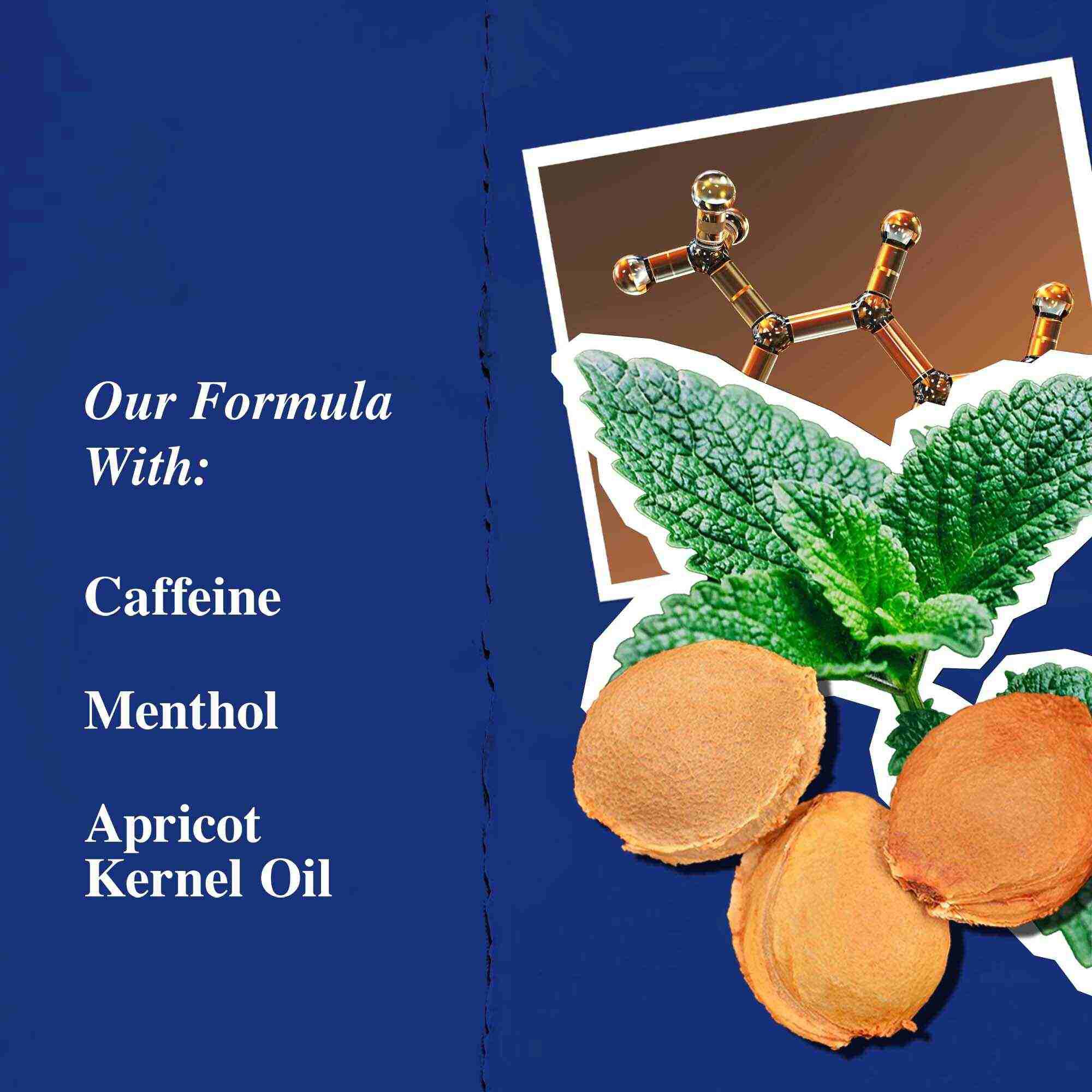 Grafik der Hauptinhaltsstoffe: Koffein, Menthol und Aprikosenkernol.