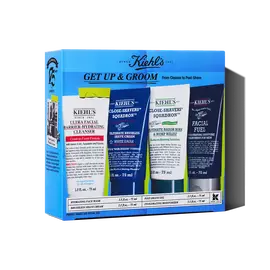 Kiehl's "Get Up & Groom!" men's skincare gift set, featuring four different grooming products in a blue promotional box.