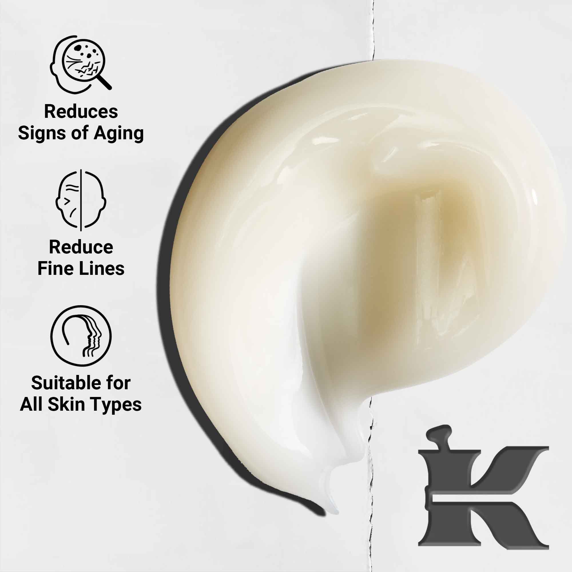 Nahaufnahme der Textur des Age Defender Power Serum; zeigt die leichte Formel, reduziert Anzeichen von Hautalterung und feine Linien, fur alle Hauttypen geeignet.