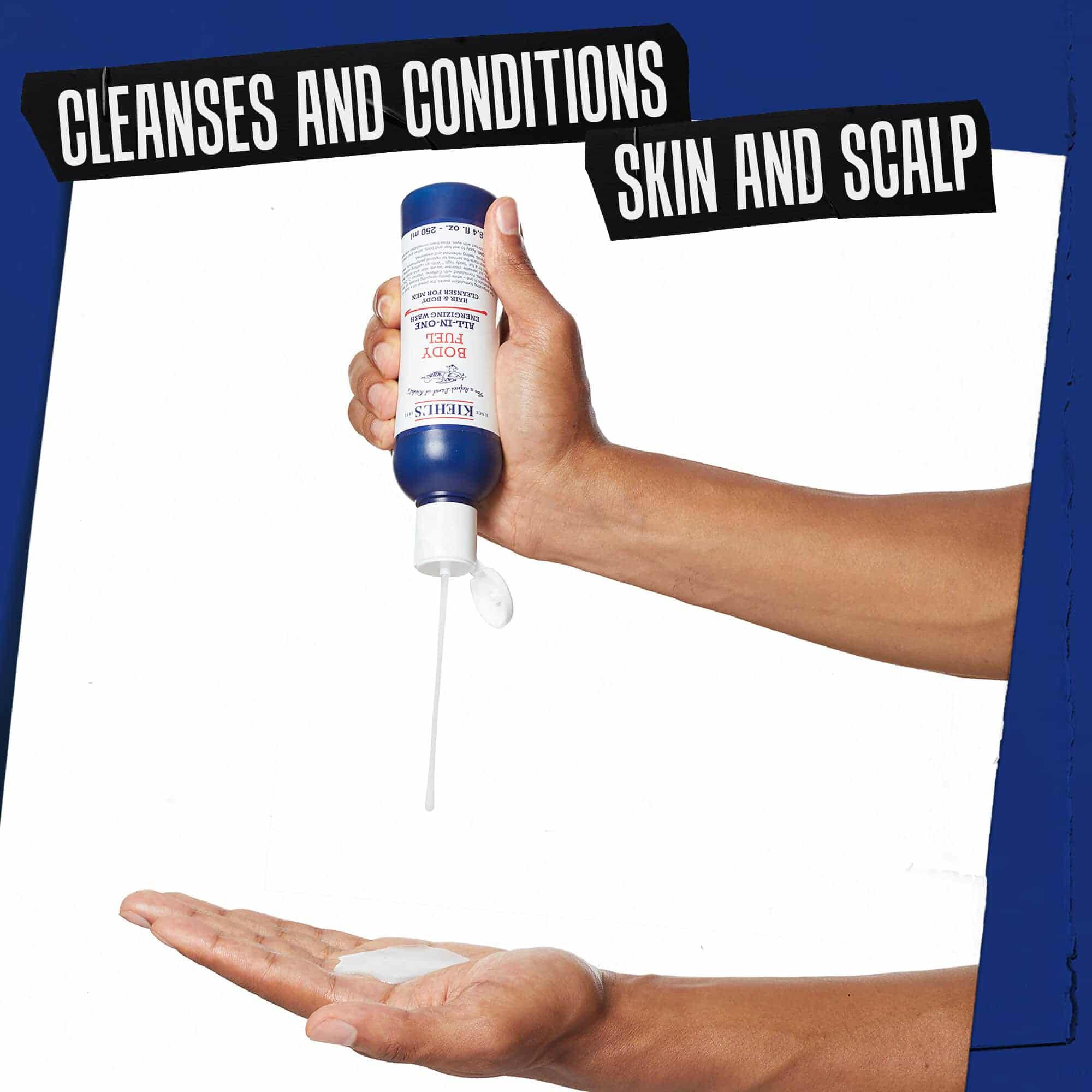 Hand dosiert Body Fuel All-In-One Energizing Wash; reinigt und pflegt Haut und Kopfhaut.