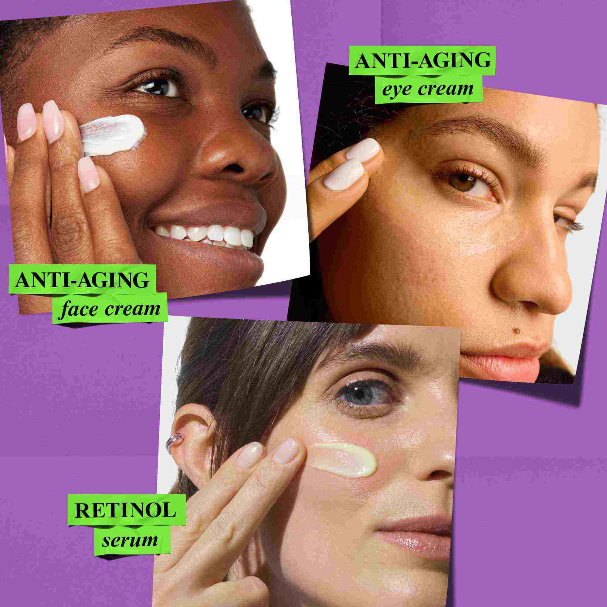 Three people apply Kiehl's anti-aging face cream, eye cream, and retinol serum to their skin, highlighting product usage for an anti-aging regimen.