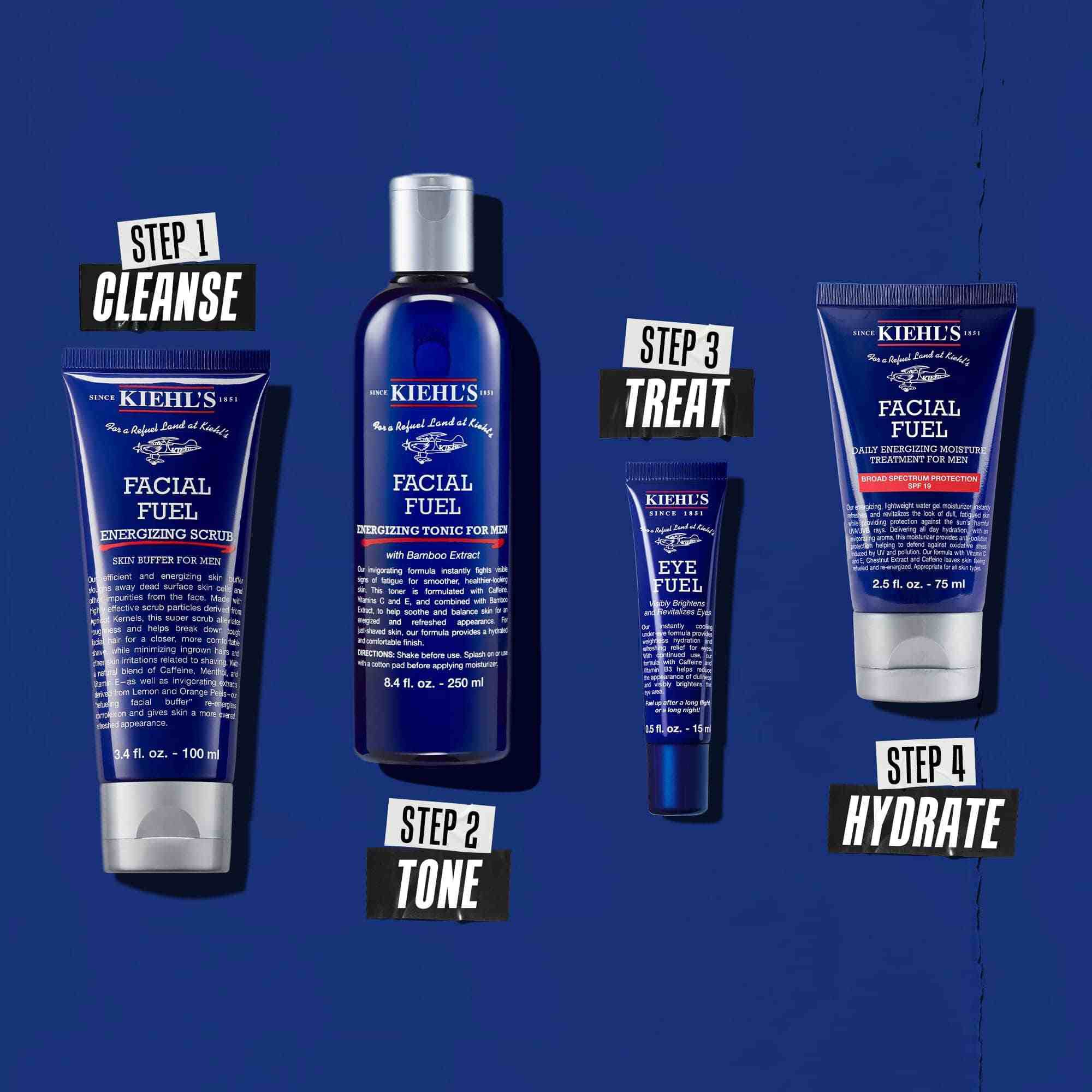 Routine mit vier Produkten zum Reinigen, Tonisieren, Behandeln und Pflegen.