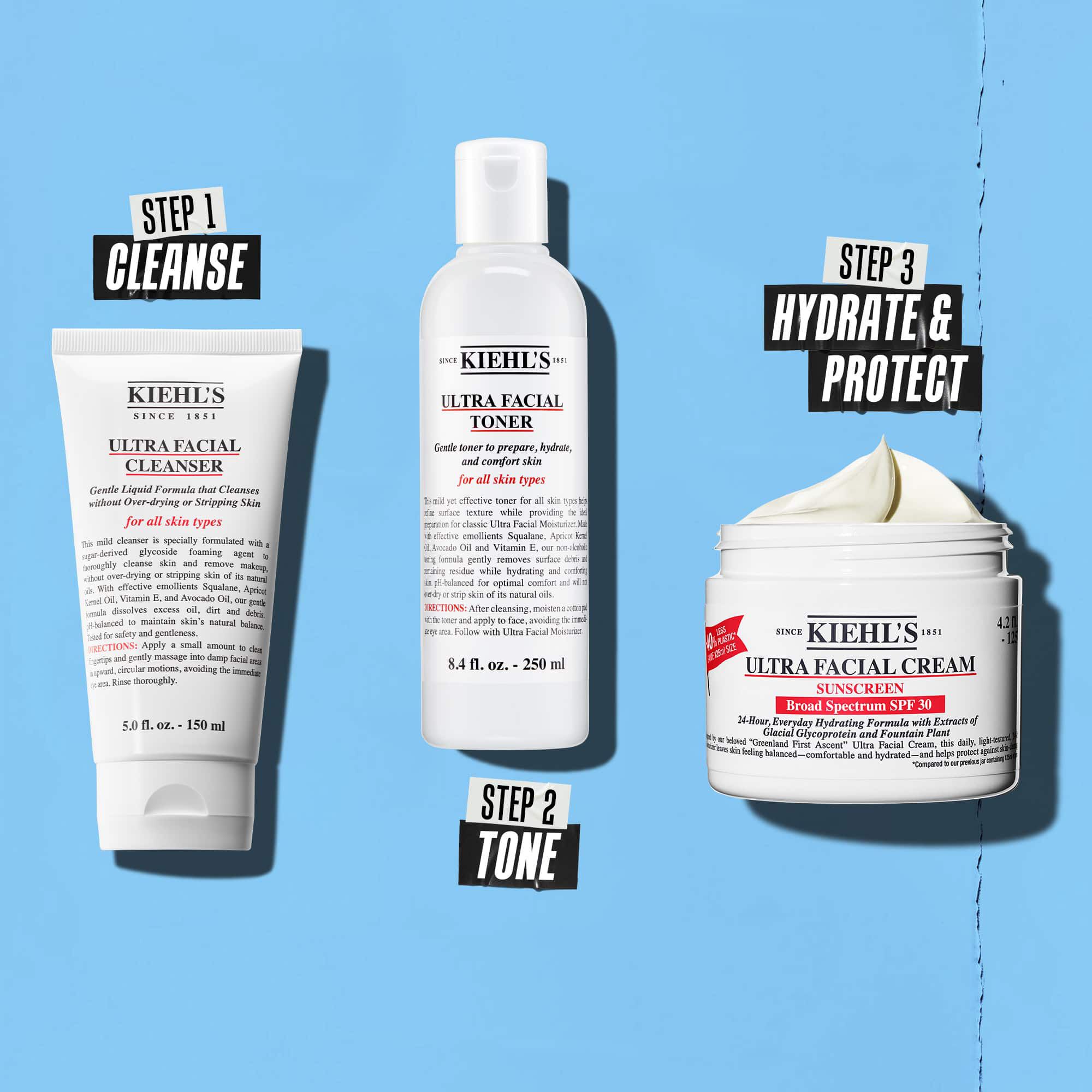 Eine dreistufige Routine mit Kiehl's Produkten. Schritt 1: Ultra Facial Cleanser. Schritt 2: Ultra Facial Toner. Schritt 3: Ultra Facial Cream SPF 30.