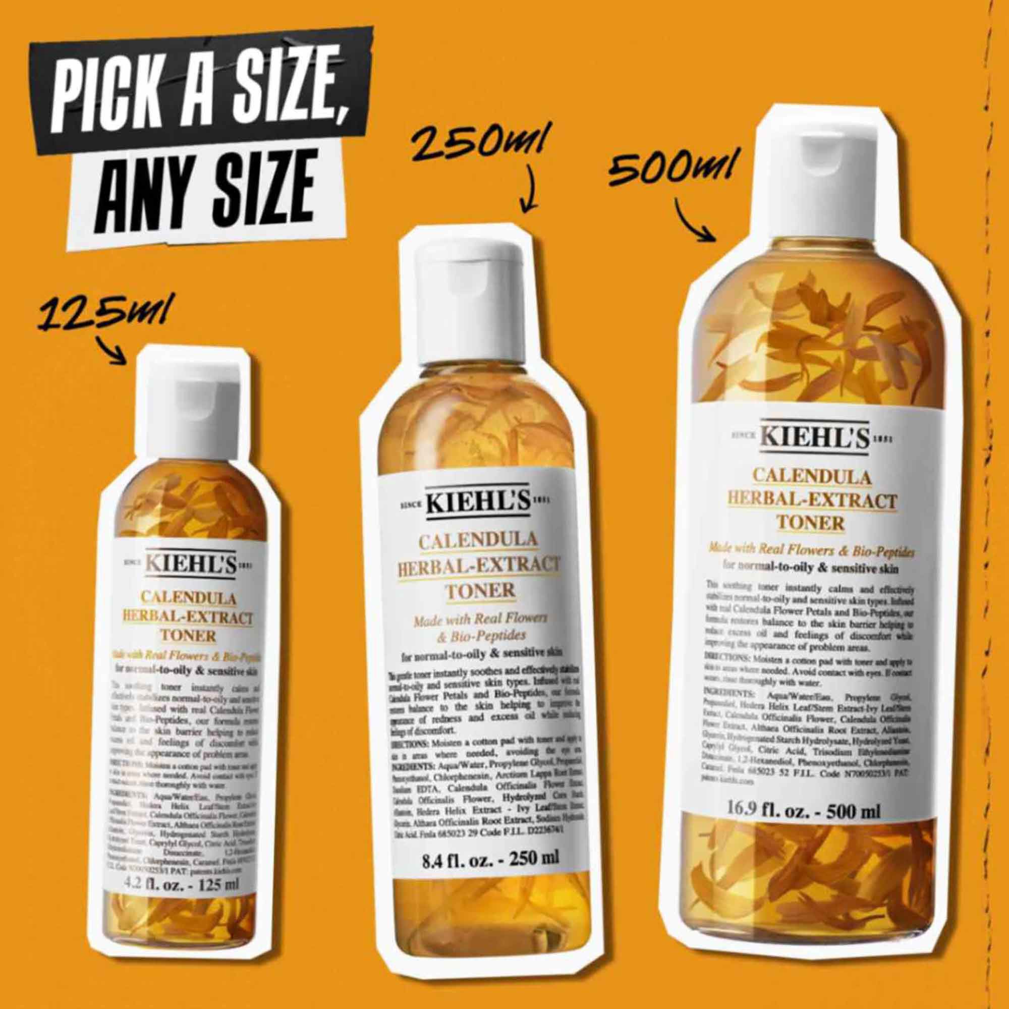 Drei Flaschen Calendula Herbal-Extract Toner in verschiedenen Großen (125 ml, 250 ml, 500 ml) vor orangefarbenem Hintergrund mit dem Text „Wahlen Sie eine Große, jede Große.“