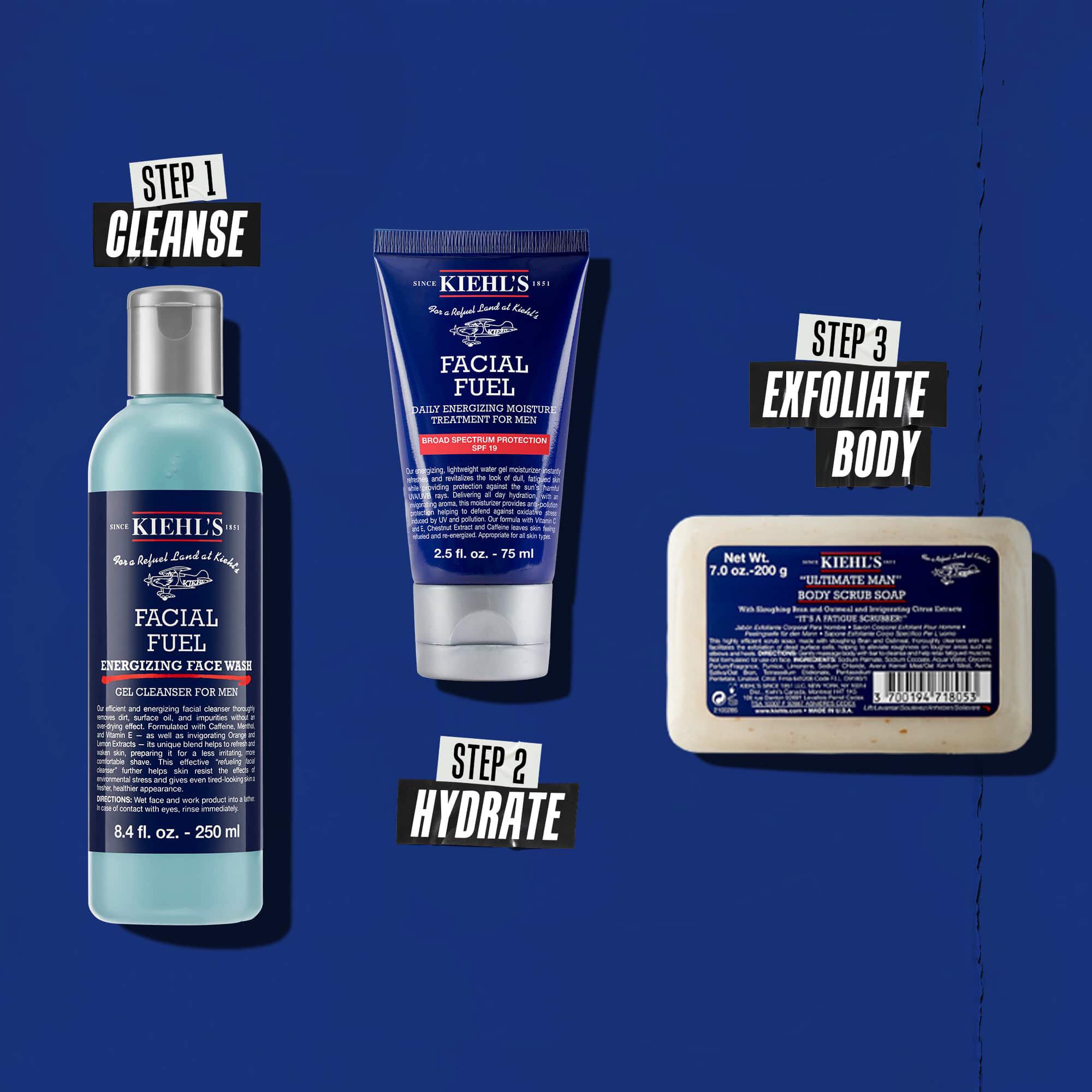 Drei Kiehl's Produkte, die eine Routine darstellen. Von links nach rechts: Facial Fuel Cleanser, Facial Fuel Moisturizer und Ultimate Man Body Scrub Soap.