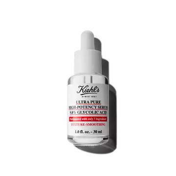 Eine 30-ml-Flasche Kiehl's Ultra Pure 9.8% Glycolic Acid Serum vor weißem Hintergrund.