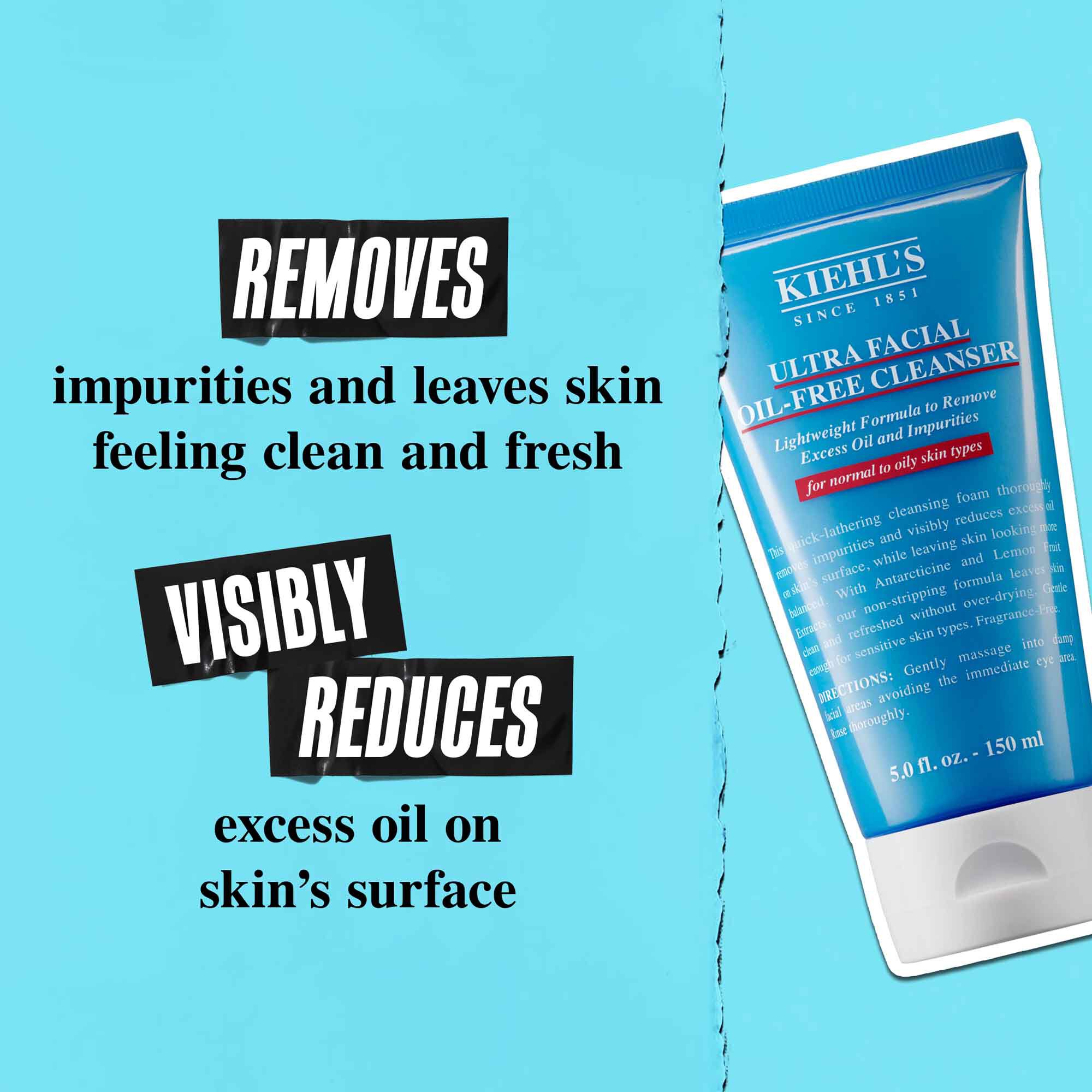 Eine Tube Ultra Facial Oil-Free Cleanser vor blauem Hintergrund mit dem Text: „Entfernt Ol und reduziert sichtbar uberschussiges Ol auf der Hautoberflache.“