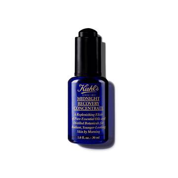 Eine 30-ml-Flasche Kiehl's Midnight Recovery Concentrate Gesichtsol vor weißem Hintergrund.