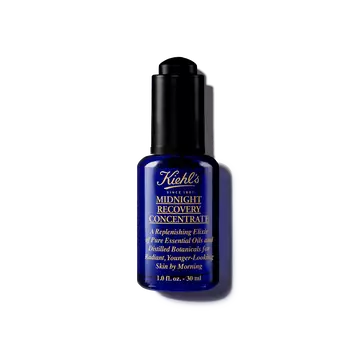 Eine 30-ml-Flasche Kiehl's Midnight Recovery Concentrate Gesichtsol vor weißem Hintergrund.