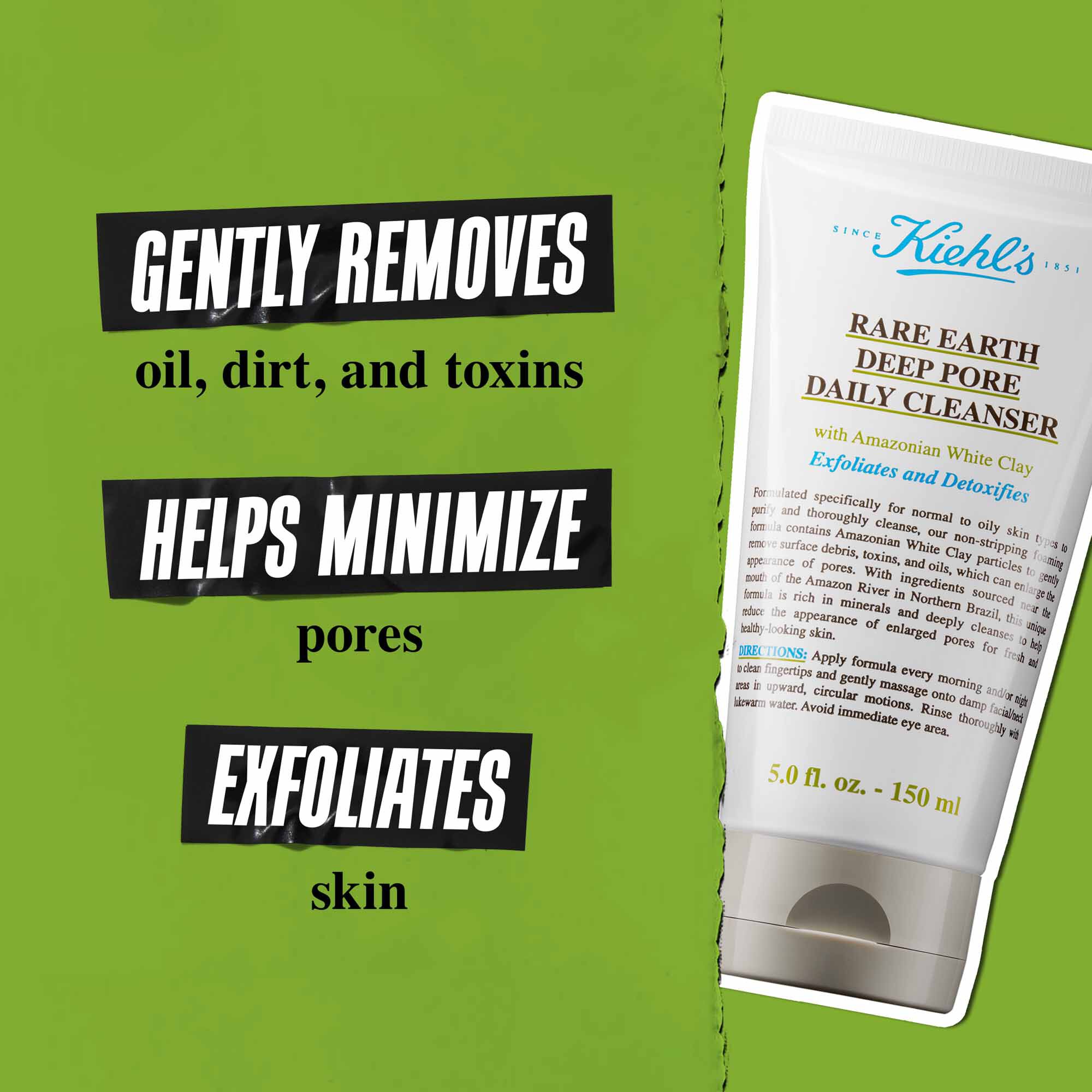 Eine Tube Rare Earth Deep Pore Daily Cleanser vor grunem Hintergrund mit dem Text: „Entfernt sanft Schmutz, Ol und Giftstoffe. Halt Poren minimiert. Peelt und reinigt die Haut tiefenwirksam.“