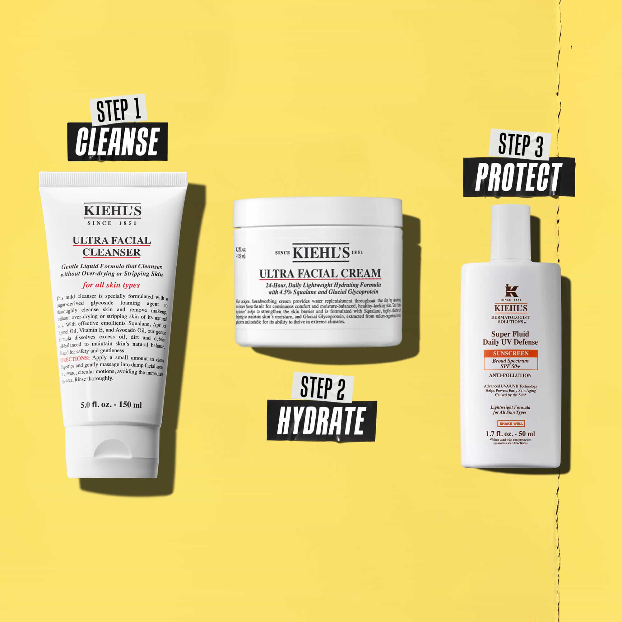 Drei Kiehl's Produkte, die eine Routine darstellen. Von links nach rechts: Reinigung, Feuchtigkeitscreme und Sonnenschutz.