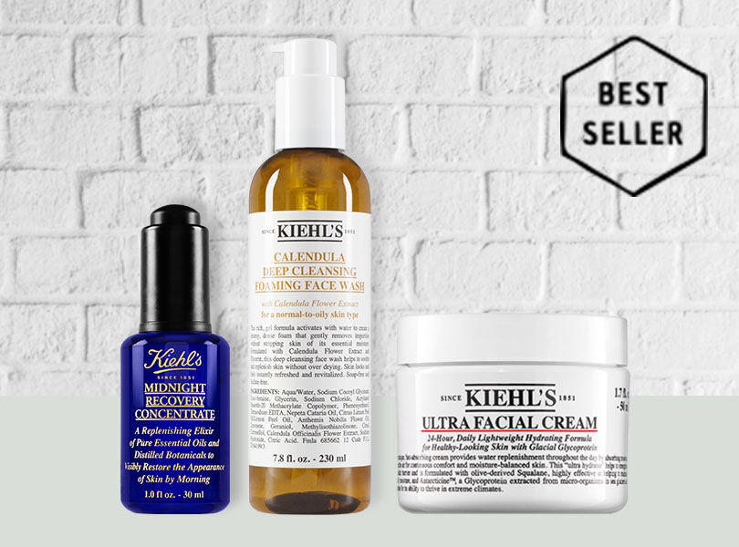 Abbildung von drei beliebten Kiehls Produkten und einem Storer mit Bestseller