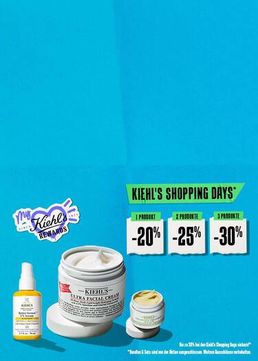 Kiehl’s Shopping Days Banner mit drei Pflegeprodukten auf blauem Hintergrund: Better Screen UV Serum, Ultra Facial Cream und Creamy Eye Treatment. Daneben stehen die Rabatte: 20 % bei 1 Produkt, 25 % bei 2 Produkten und 30 % bei 3 Produkten.