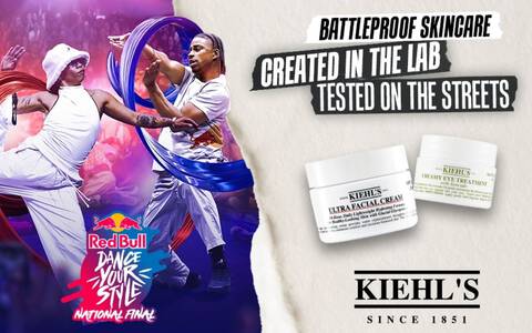 Kiehl's und Red Bull Dance Your Style National Final Kollaboration – "Battleproof Skincare, im Labor entwickelt, auf der Straße getestet", mit Ultra Facial Cream und Creamy Eye Treatment with Avocado