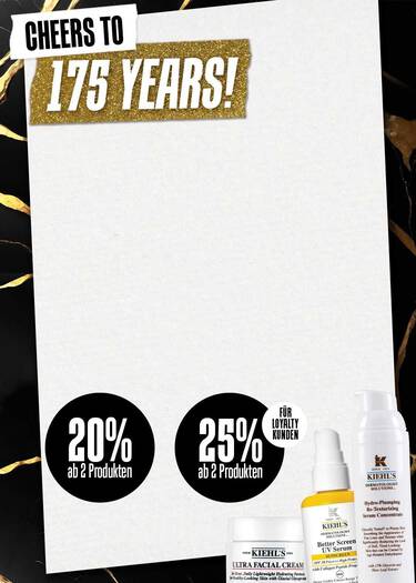 Kiehl's Cheers to 175 Years – 20% Rabatt ab 2 Produkten, 25% fur Loyalty-Kunden, Code CHEERS, mit Ultra Facial Cream, Better Screen UV Serum und Hydro-Plumping Re-Texturizing Serum Concentrate